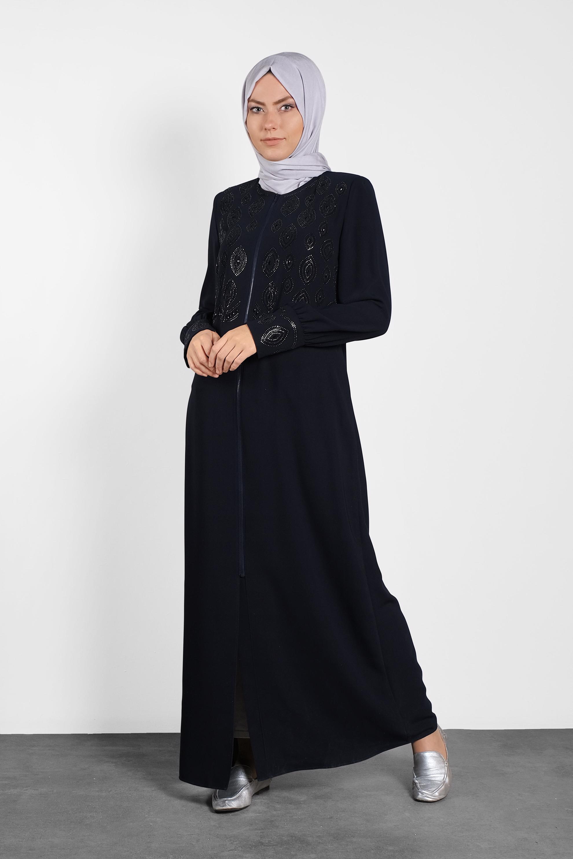 Tesettür giyim LACİVERT TAŞ BASKILI FERACE 8275