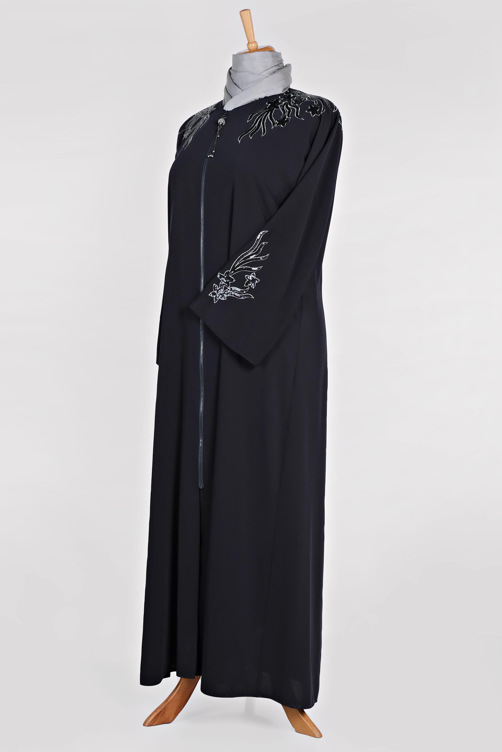 Tesettür giyim LACİVERT KOLLARI OMUZLAR PUL İŞLEMELİ FERACE 8279