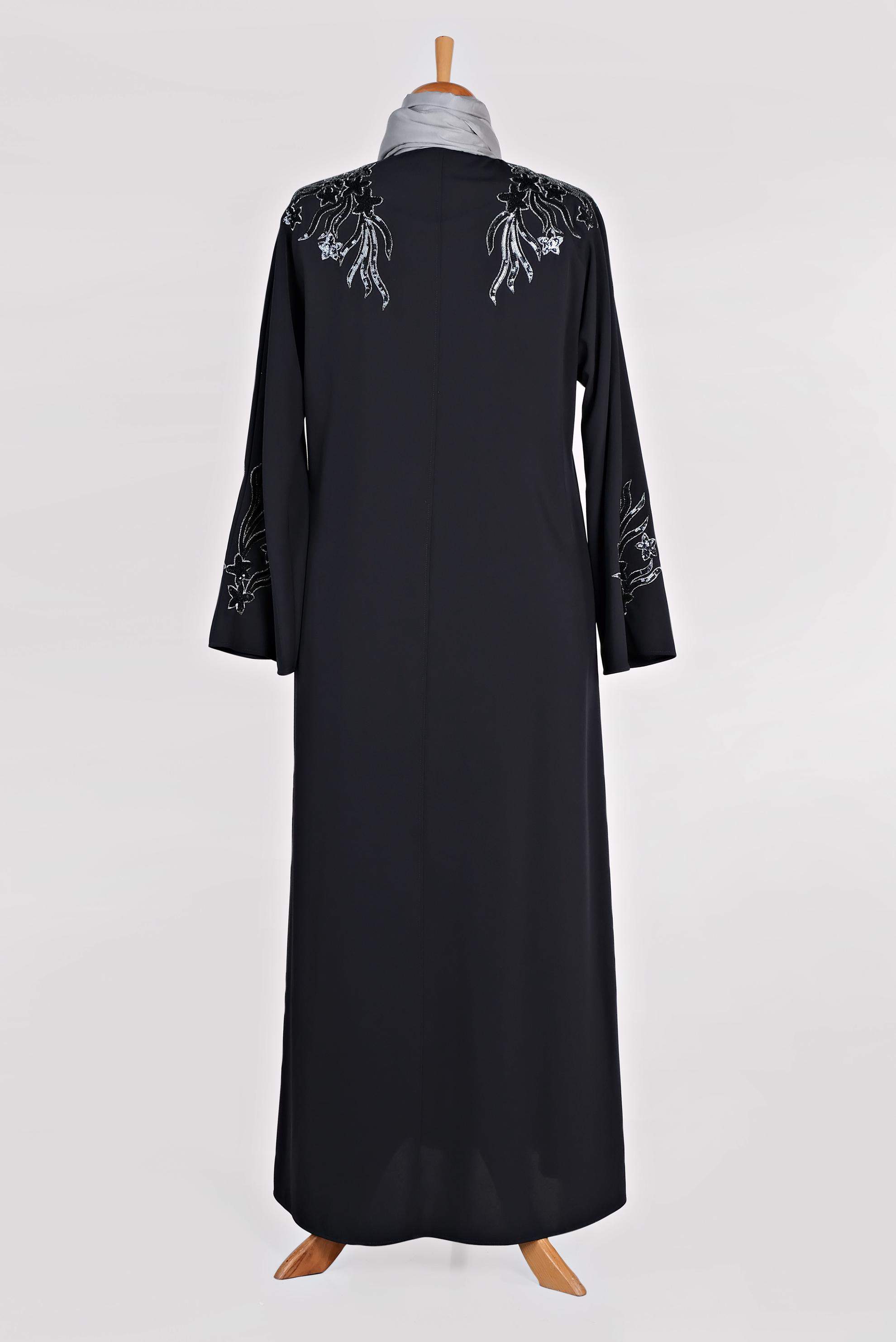 Tesettür giyim LACİVERT KOLLARI OMUZLAR PUL İŞLEMELİ FERACE 8279