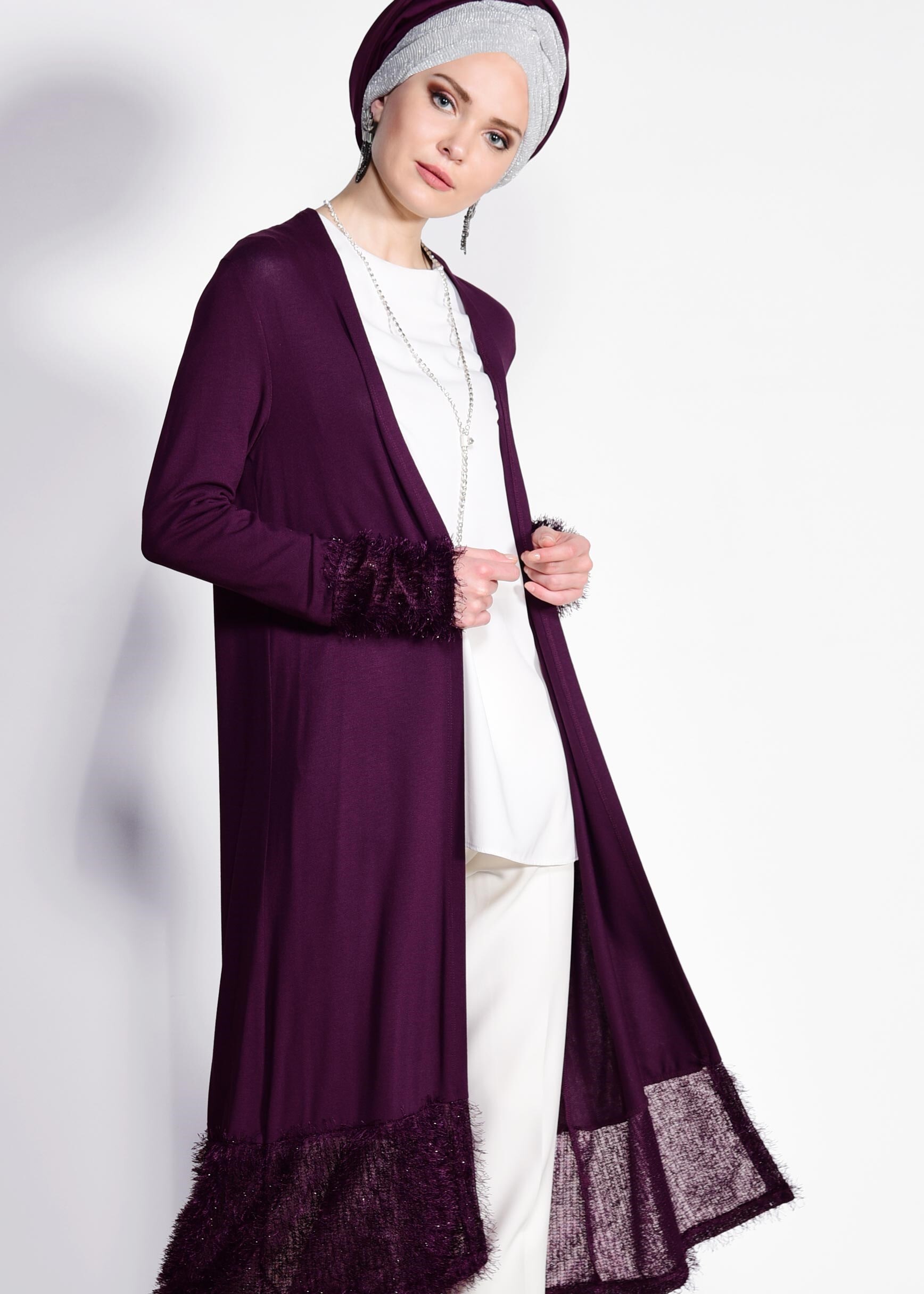 Tesettür giyim MOR ETEK UCU SAÇAKLI HIRKA 4123