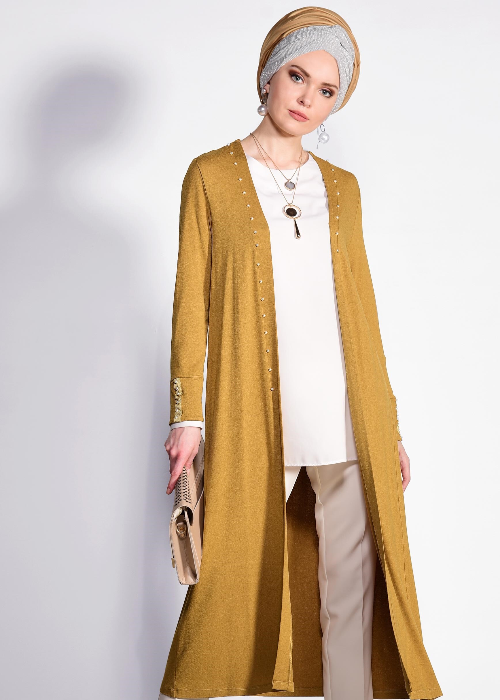 Tesettür giyim SARI İNCİ İŞLEMELİ HIRKA 4194