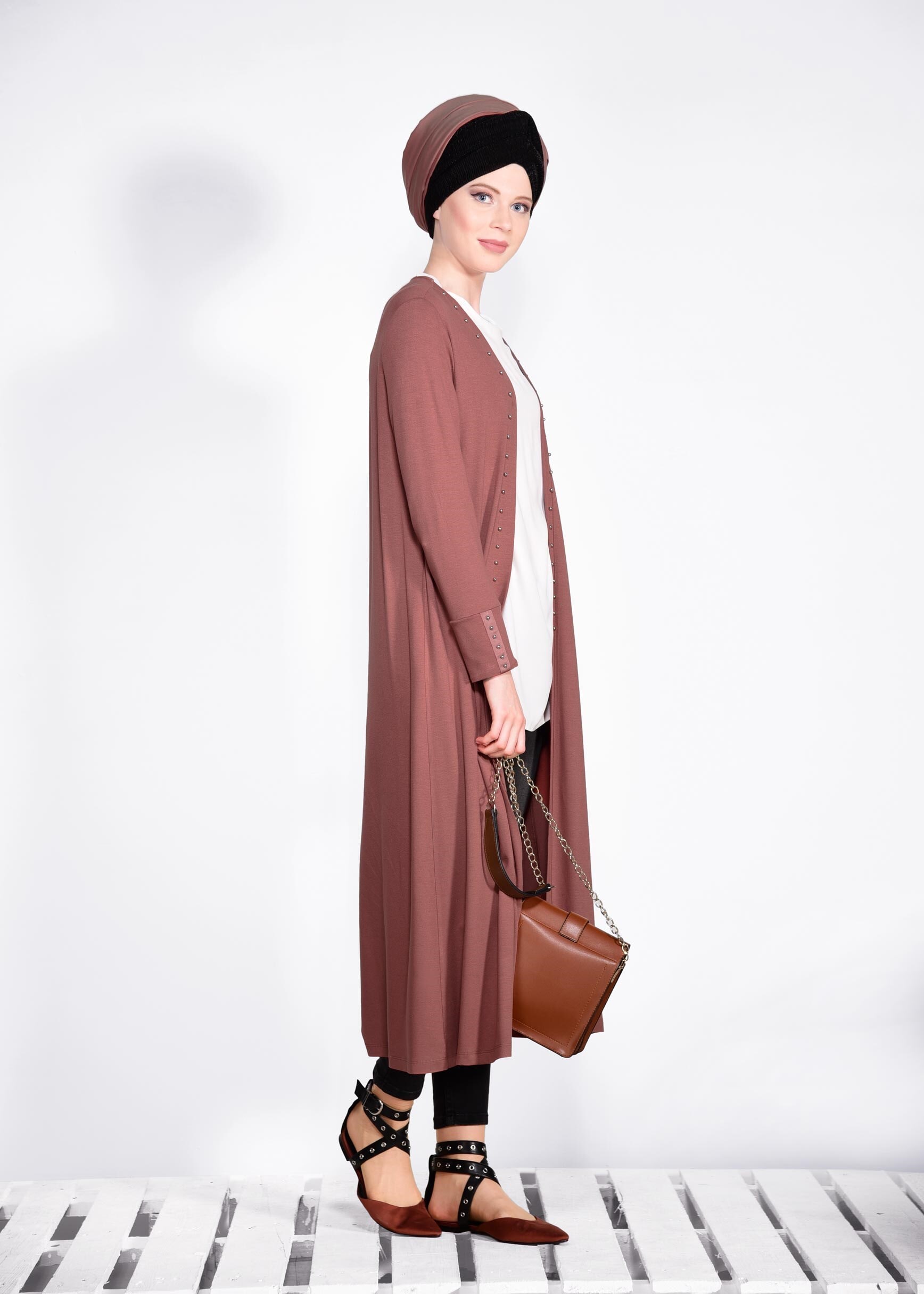 Tesettür giyim TURUNCU İNCİ İŞLEMELİ HIRKA 4194