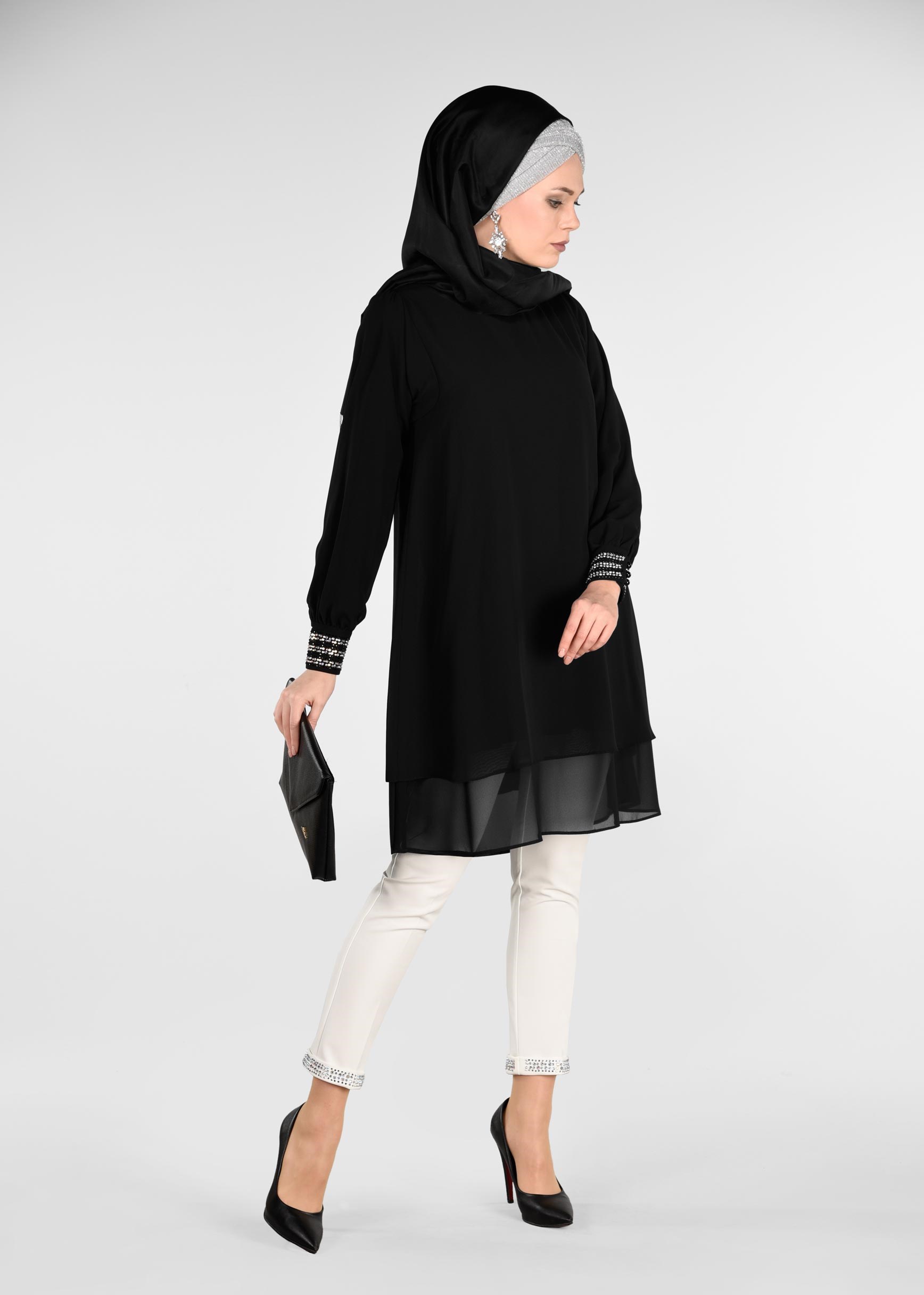 Tesettür giyim BEYAZ BİLEK KISMI TAŞ İŞLEMELİ PANTOLON 7285