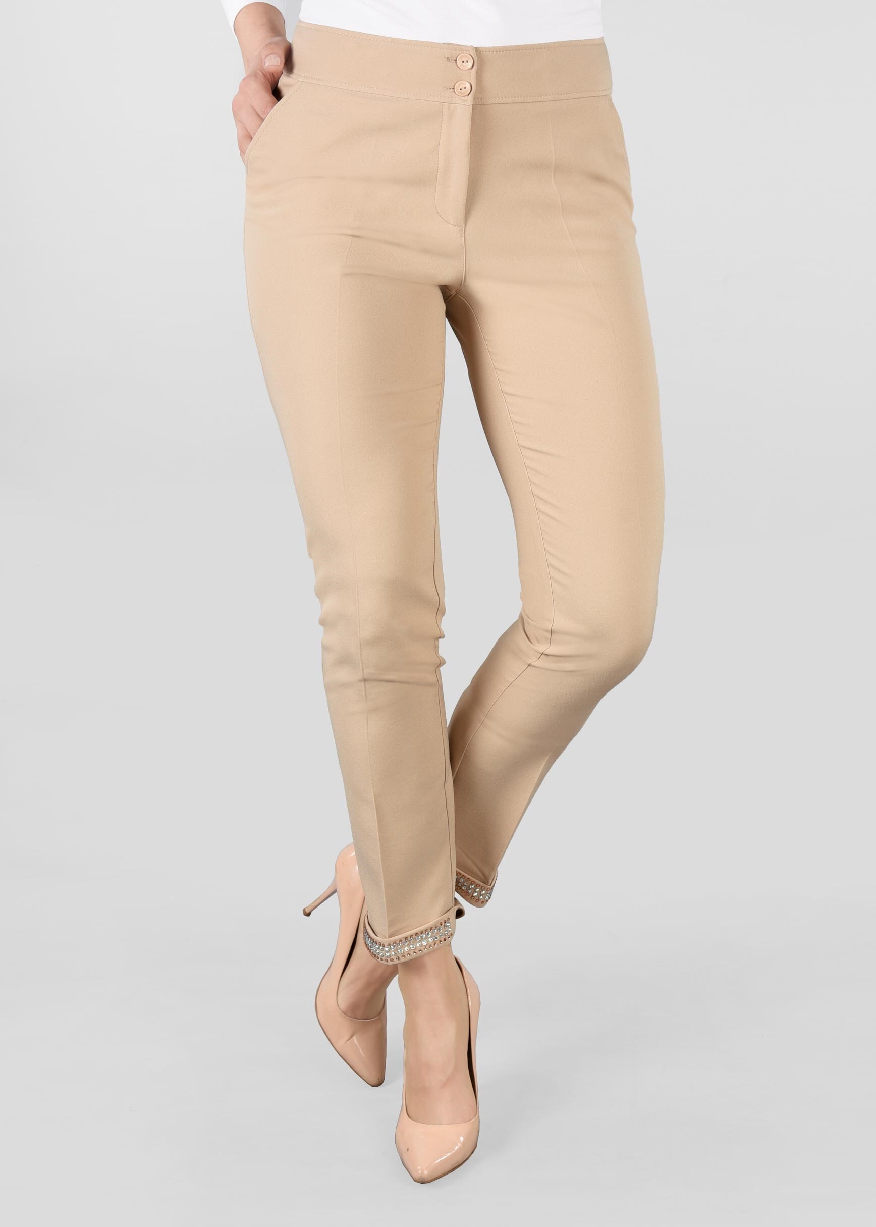 Tesettür giyim BEJ BİLEK KISMI TAŞ İŞLEMELİ PANTOLON 7285