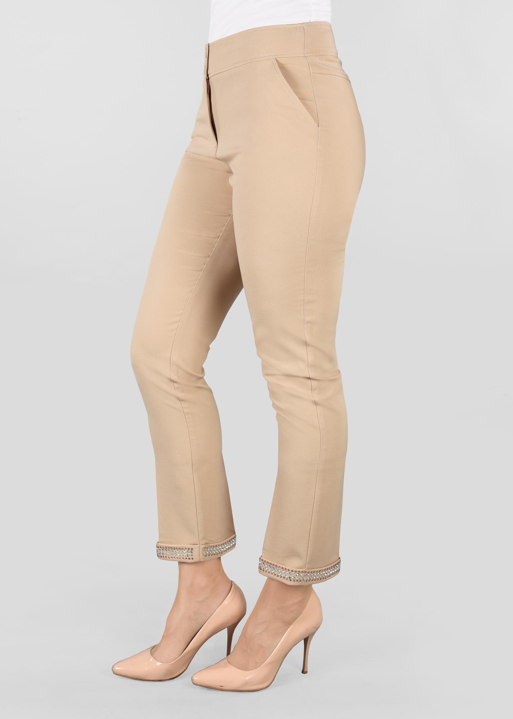 Tesettür giyim BEJ BİLEK KISMI TAŞ İŞLEMELİ PANTOLON 7285