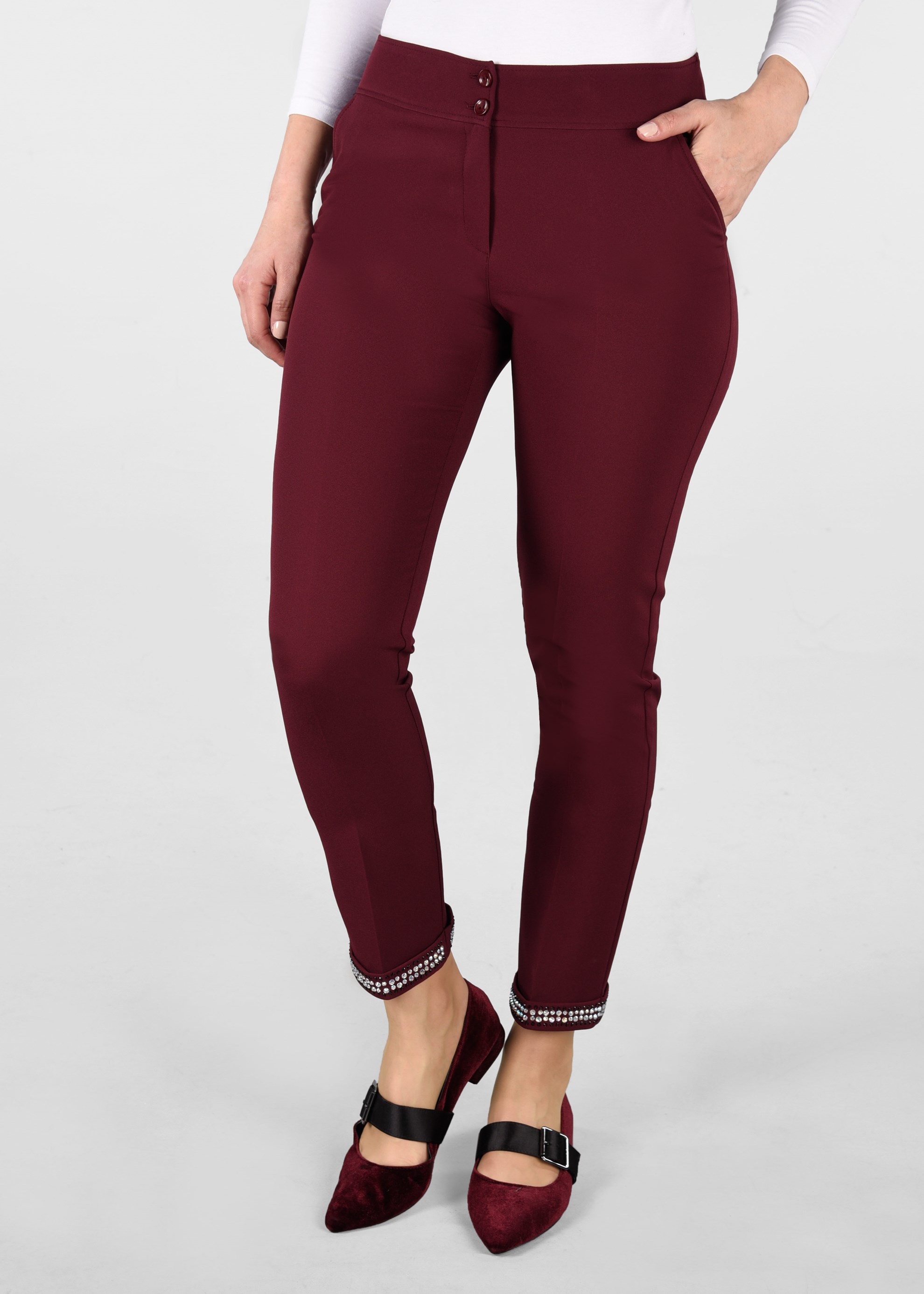 Tesettür giyim BORDO BİLEK KISMI TAŞ İŞLEMELİ PANTOLON 7285