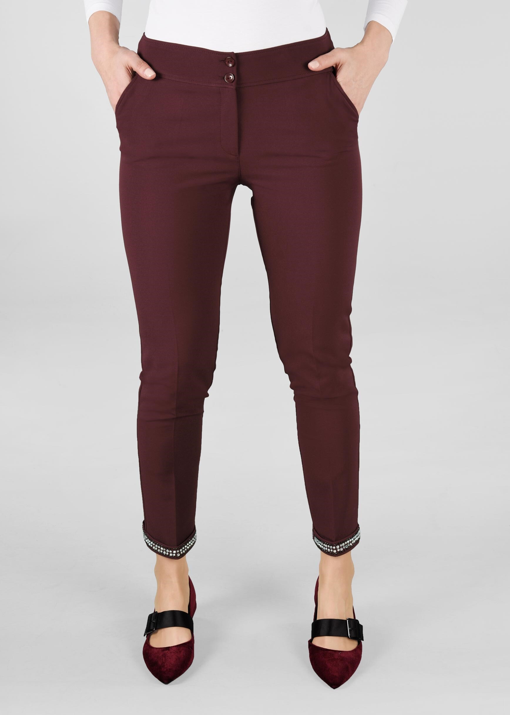 Tesettür giyim BORDO BİLEK KISMI TAŞ İŞLEMELİ PANTOLON 7285