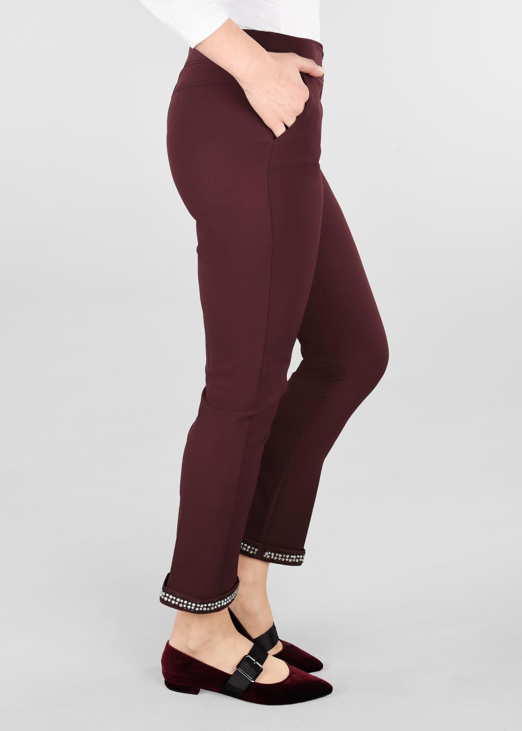 Tesettür giyim BORDO BİLEK KISMI TAŞ İŞLEMELİ PANTOLON 7285