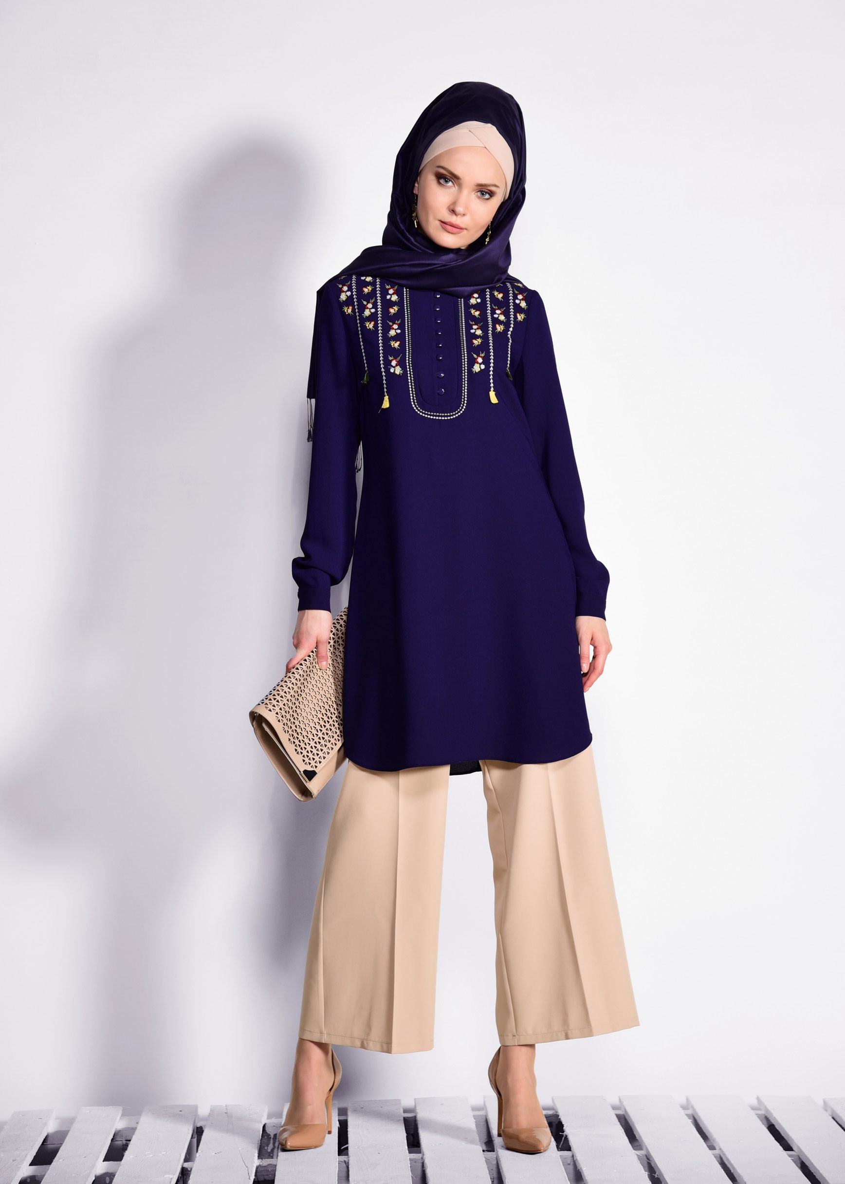 Tesettür giyim BEJ CEP DETAYLI BOL KESİM PANTOLON 7289