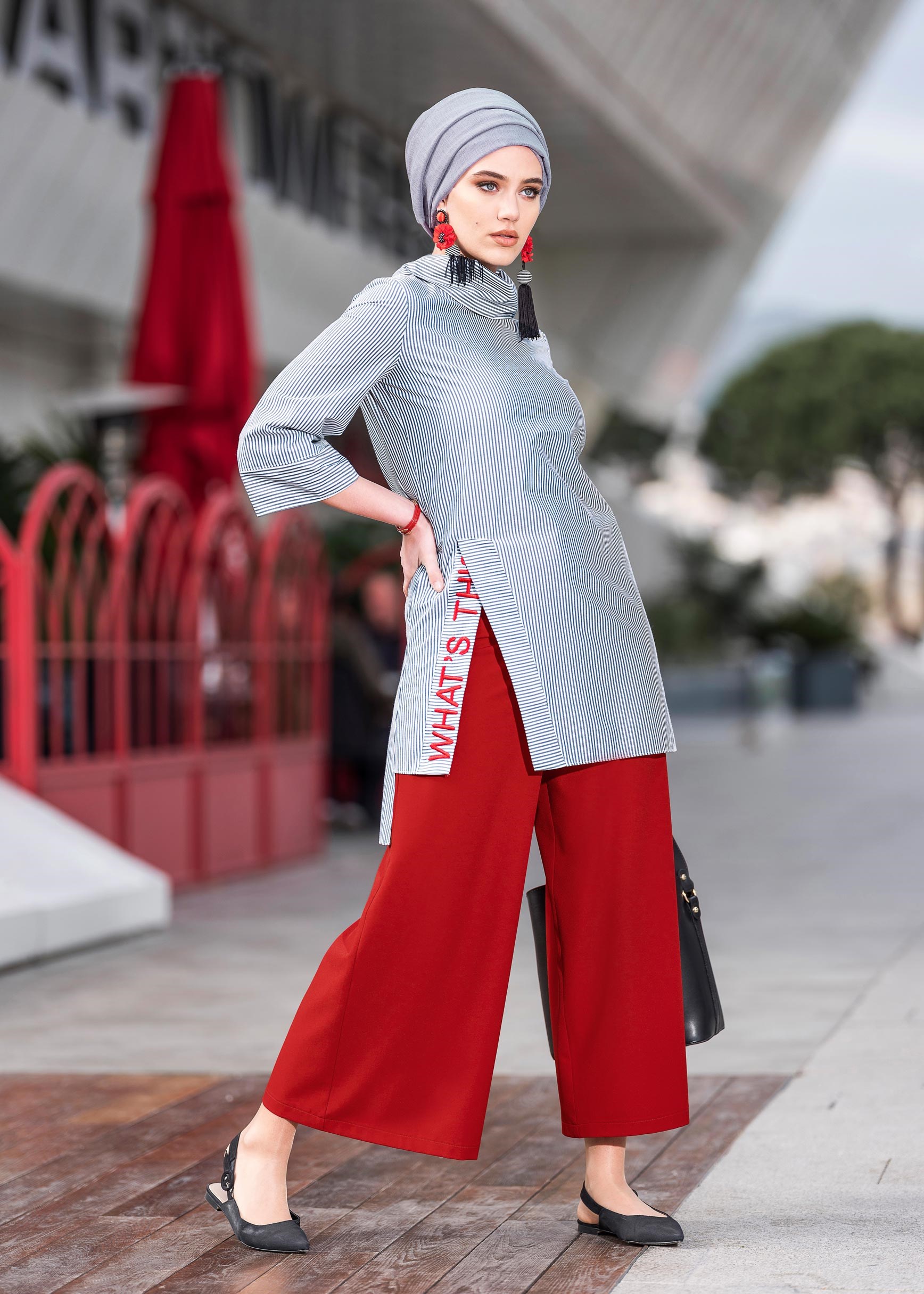 Tesettür giyim KIRMIZI SALAŞ PANTOLON 7290