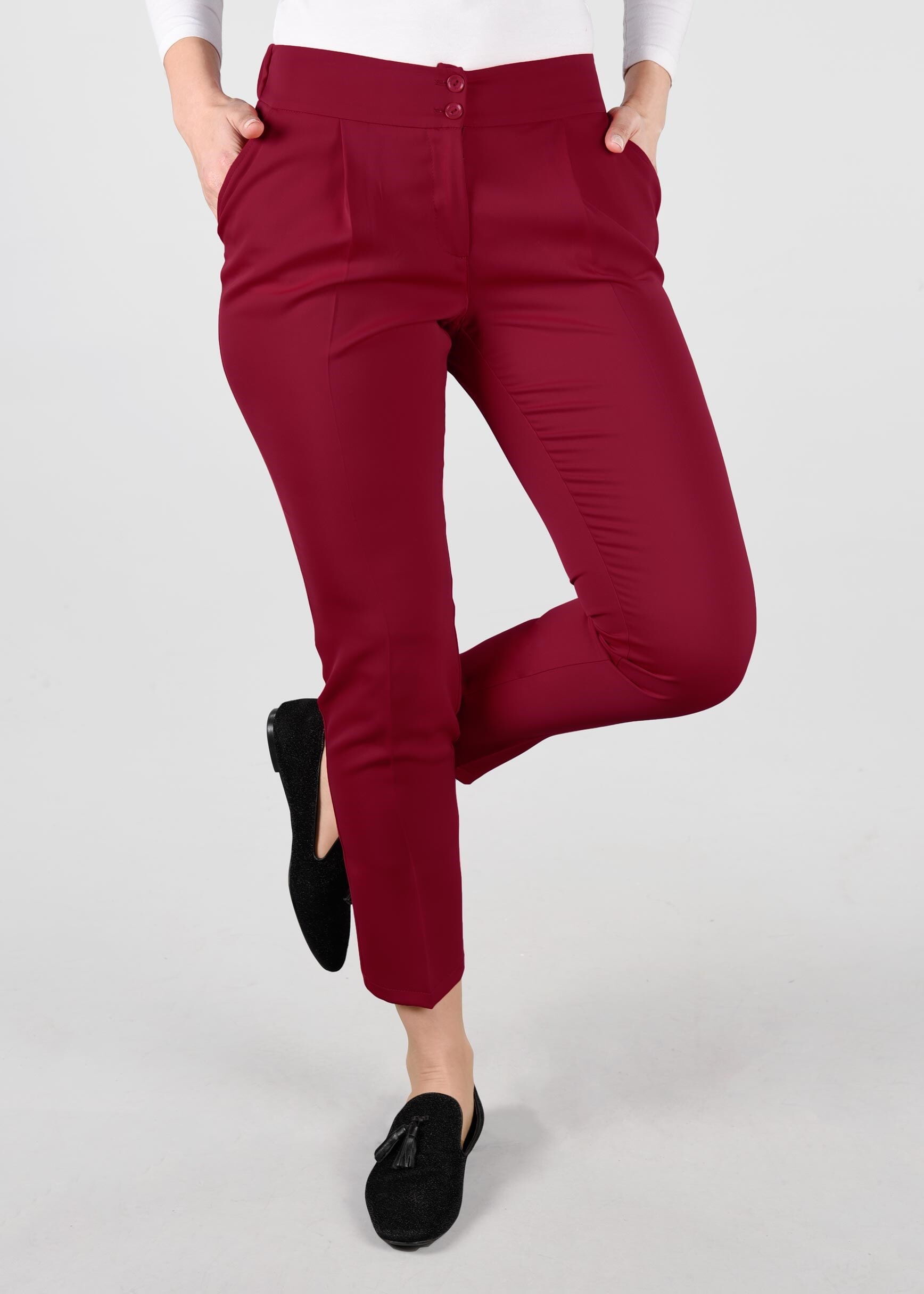 Tesettür giyim KIRMIZI PİLE DETAYLI CEPLİ PANTOLON 7292