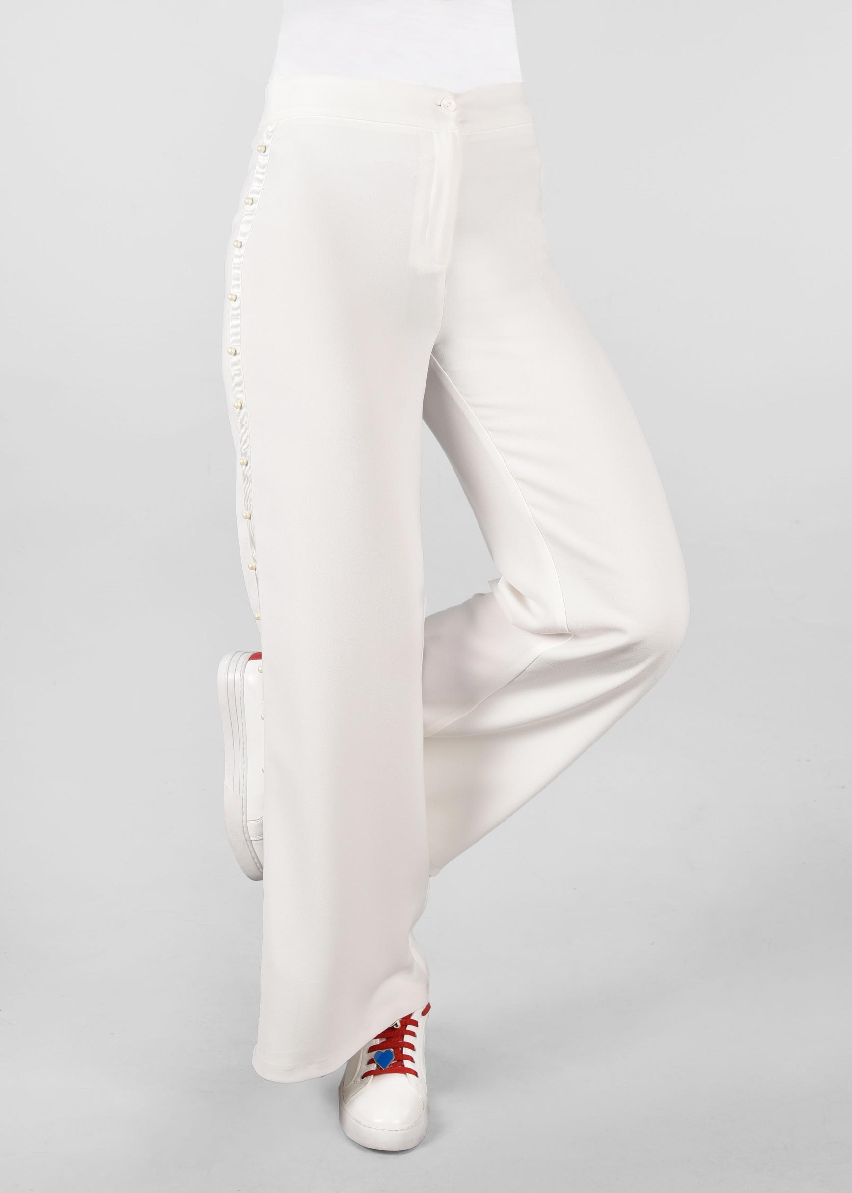 Tesettür giyim BEYAZ ŞERİTLİ İNCİ DETAYLI SALAŞ PANTOLON 7293