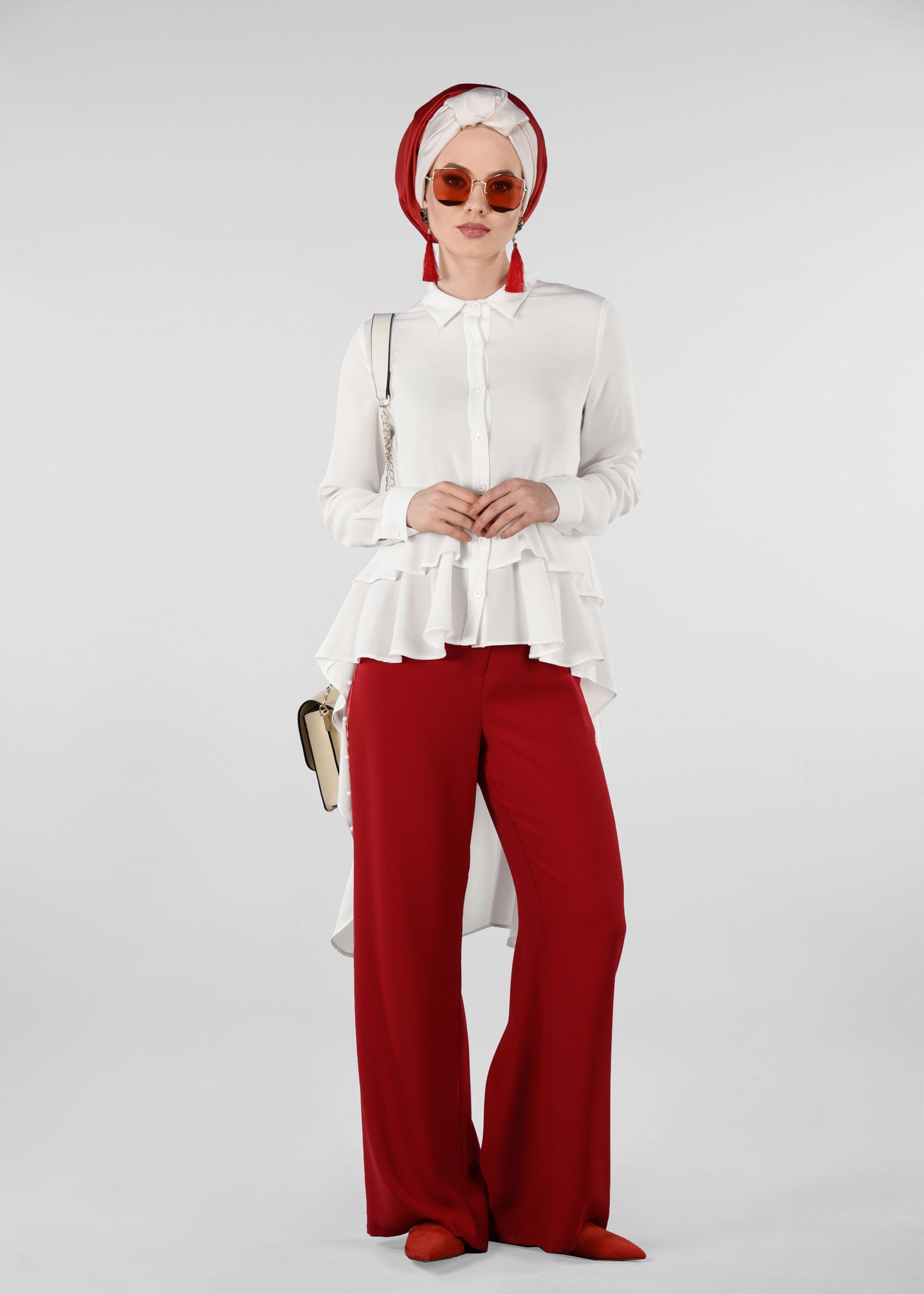 Tesettür giyim KIRMIZI ŞERİTLİ İNCİ DETAYLI SALAŞ PANTOLON 7293