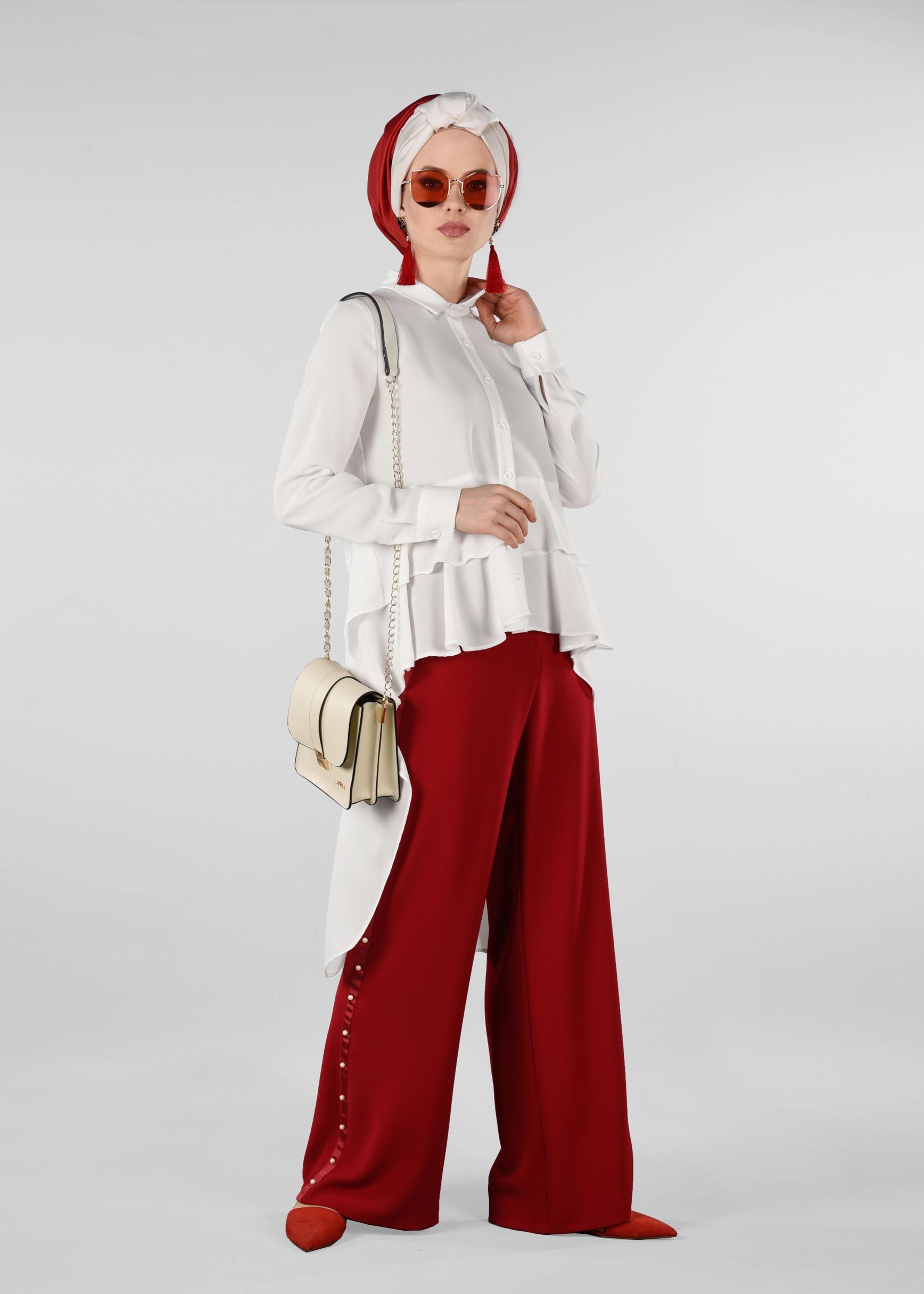 Tesettür giyim KIRMIZI ŞERİTLİ İNCİ DETAYLI SALAŞ PANTOLON 7293