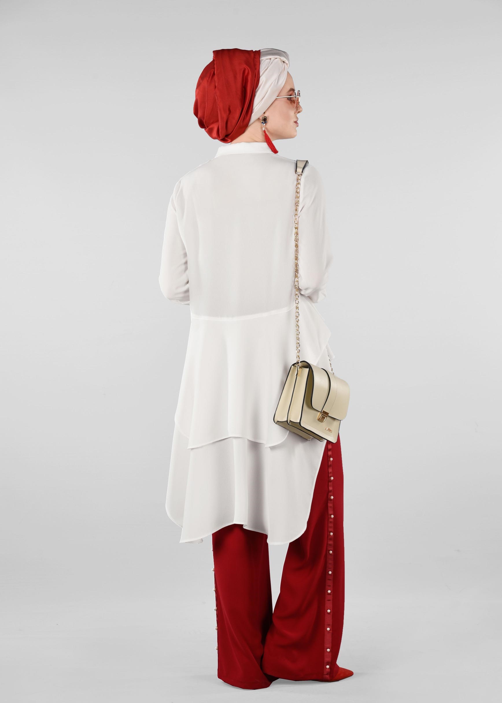 Tesettür giyim KIRMIZI ŞERİTLİ İNCİ DETAYLI SALAŞ PANTOLON 7293