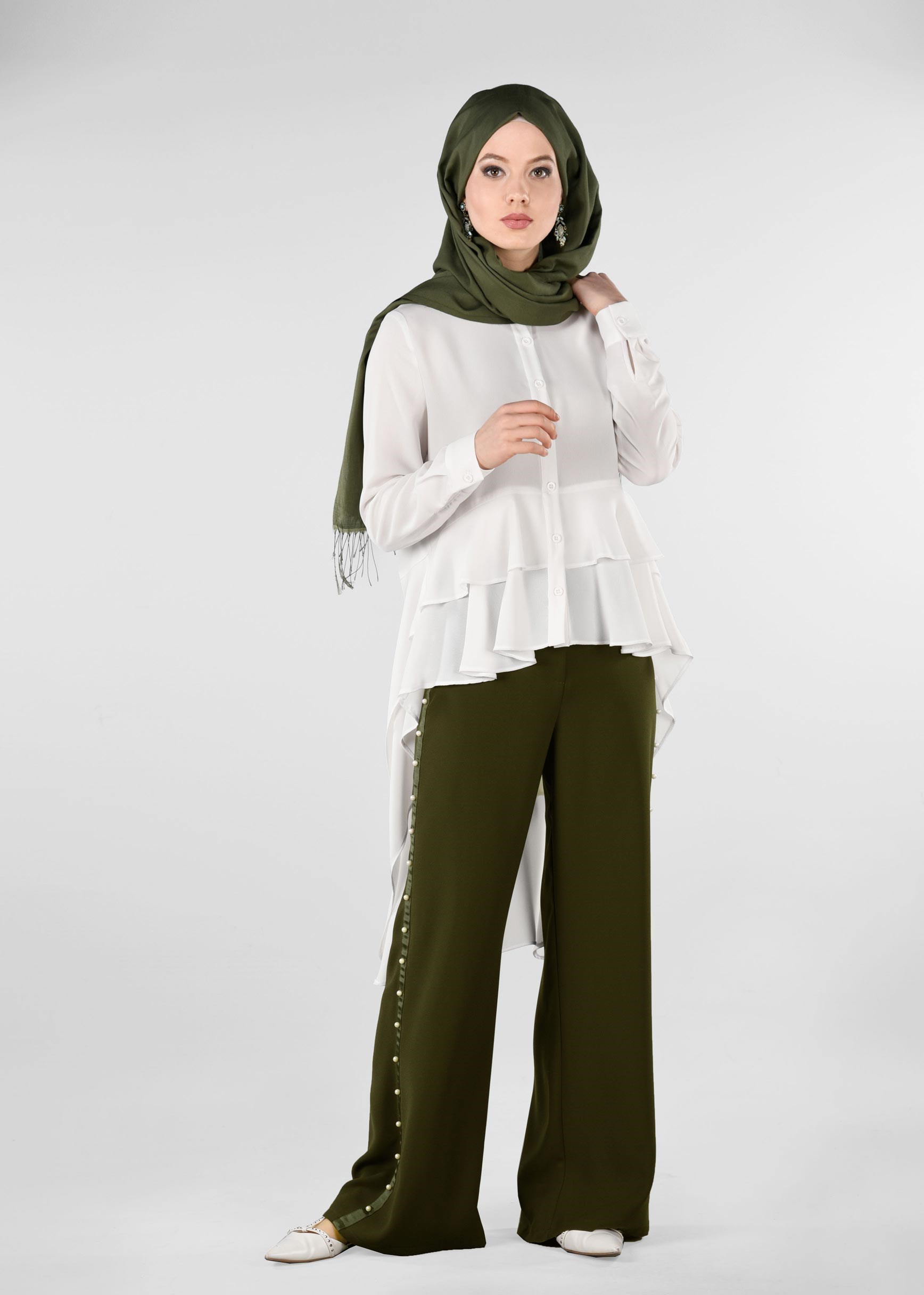 Tesettür giyim HAKİ ŞERİTLİ İNCİ DETAYLI SALAŞ PANTOLON 7293