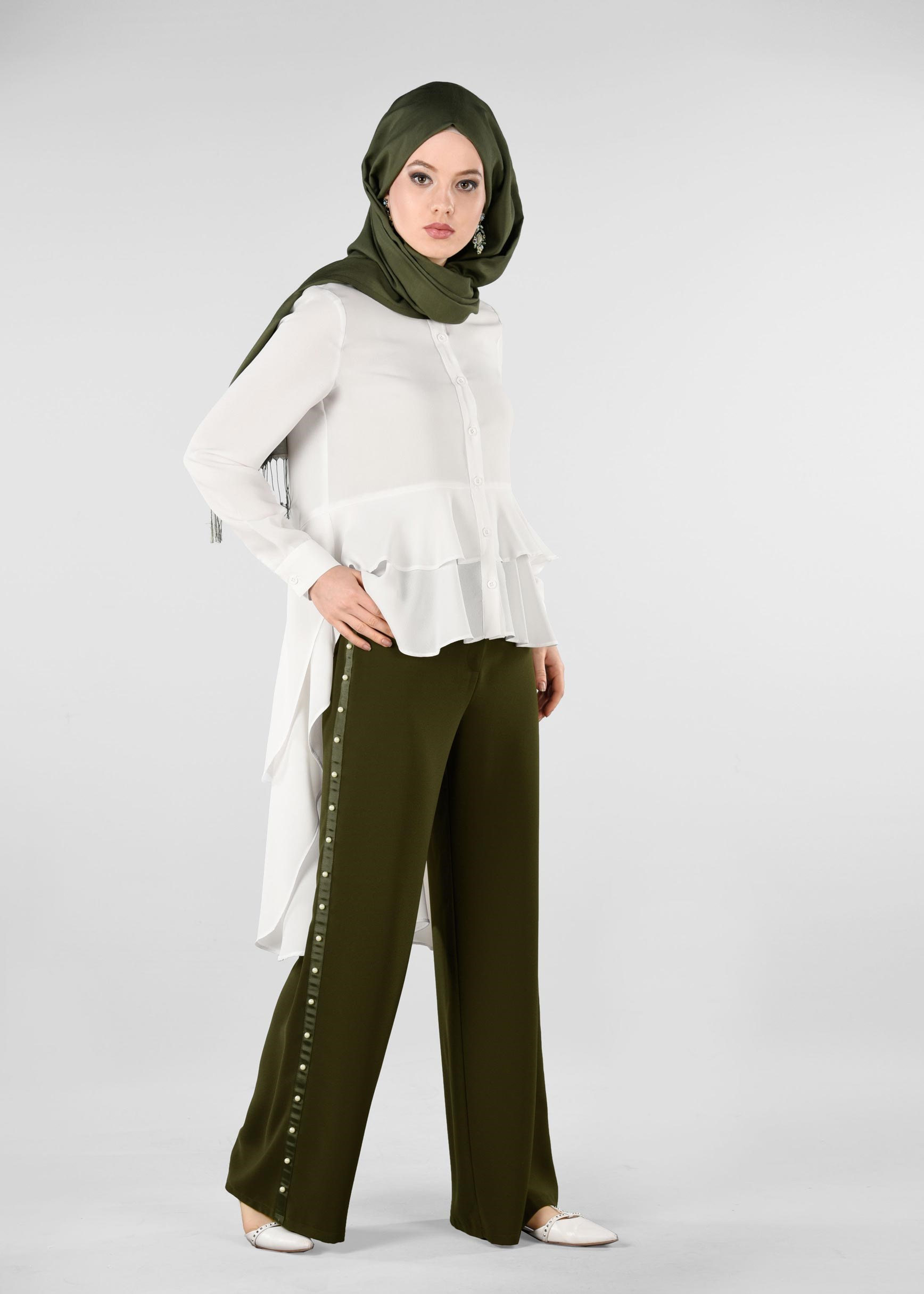 Tesettür giyim HAKİ ŞERİTLİ İNCİ DETAYLI SALAŞ PANTOLON 7293