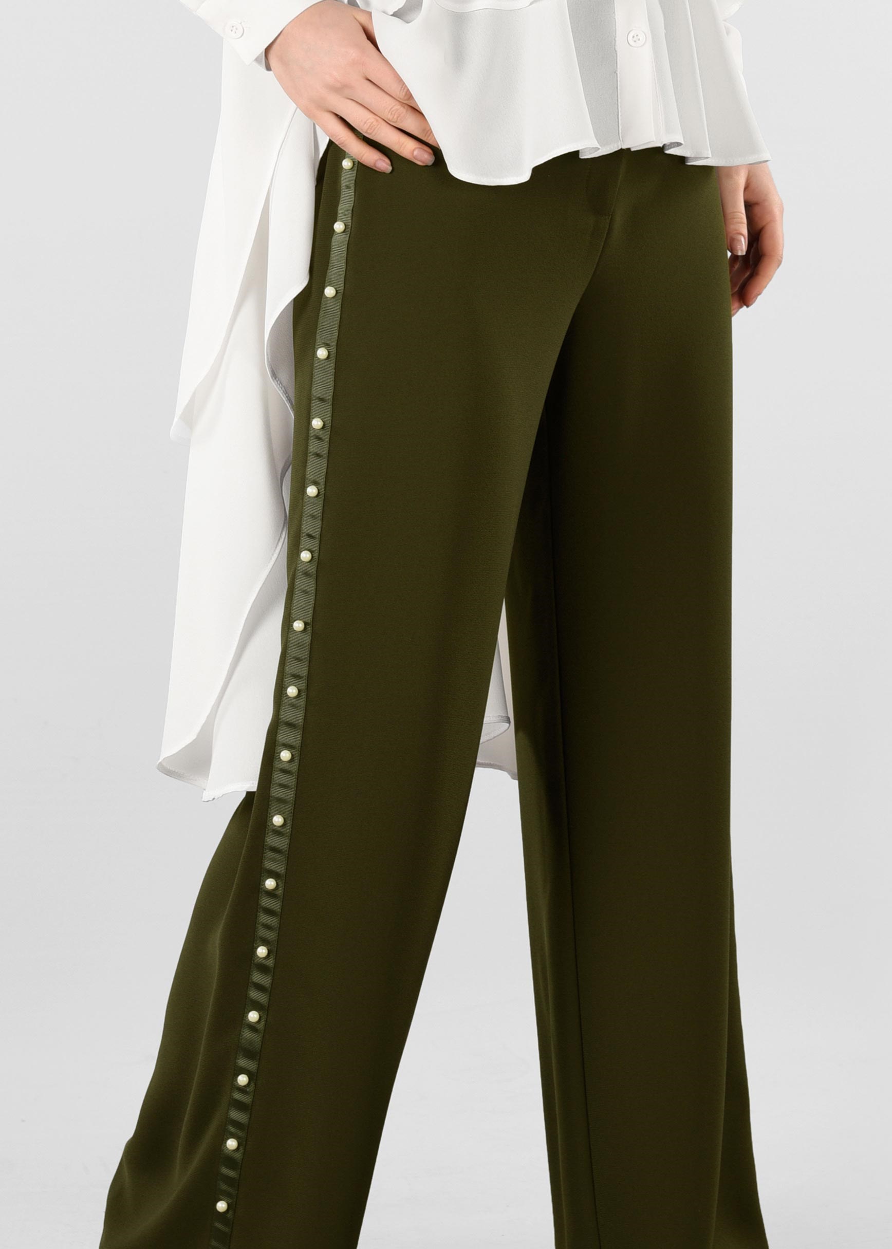 Tesettür giyim HAKİ ŞERİTLİ İNCİ DETAYLI SALAŞ PANTOLON 7293