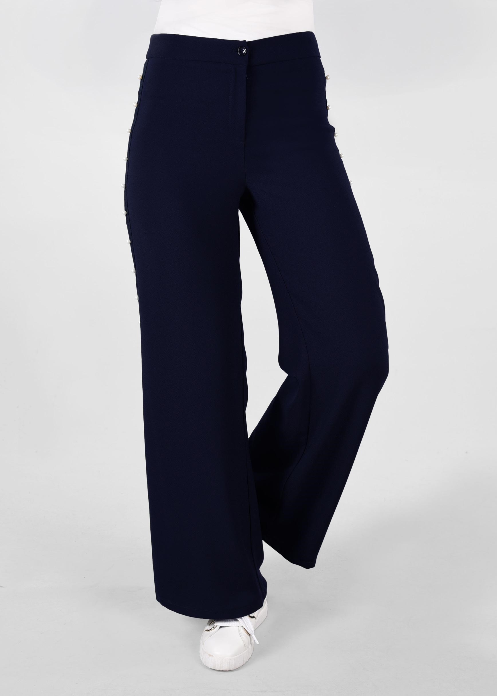 Tesettür giyim LACİVERT ŞERİTLİ İNCİ DETAYLI SALAŞ PANTOLON 7293