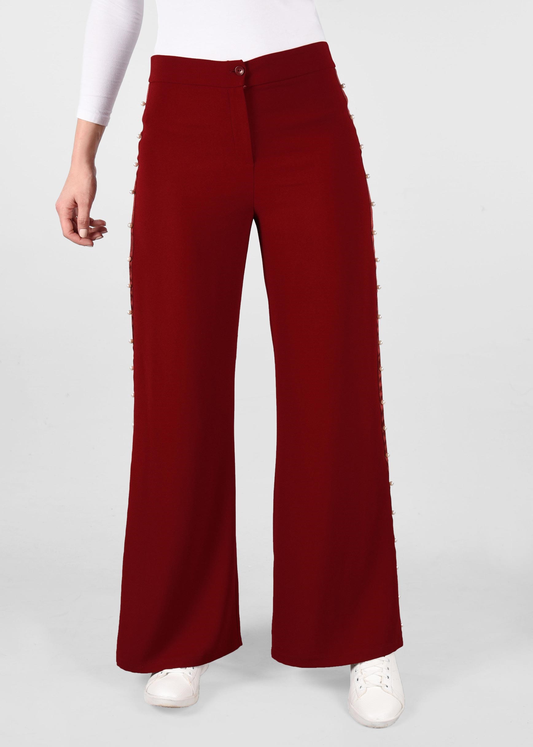 Tesettür giyim BORDO ŞERİTLİ İNCİ DETAYLI SALAŞ PANTOLON 7293