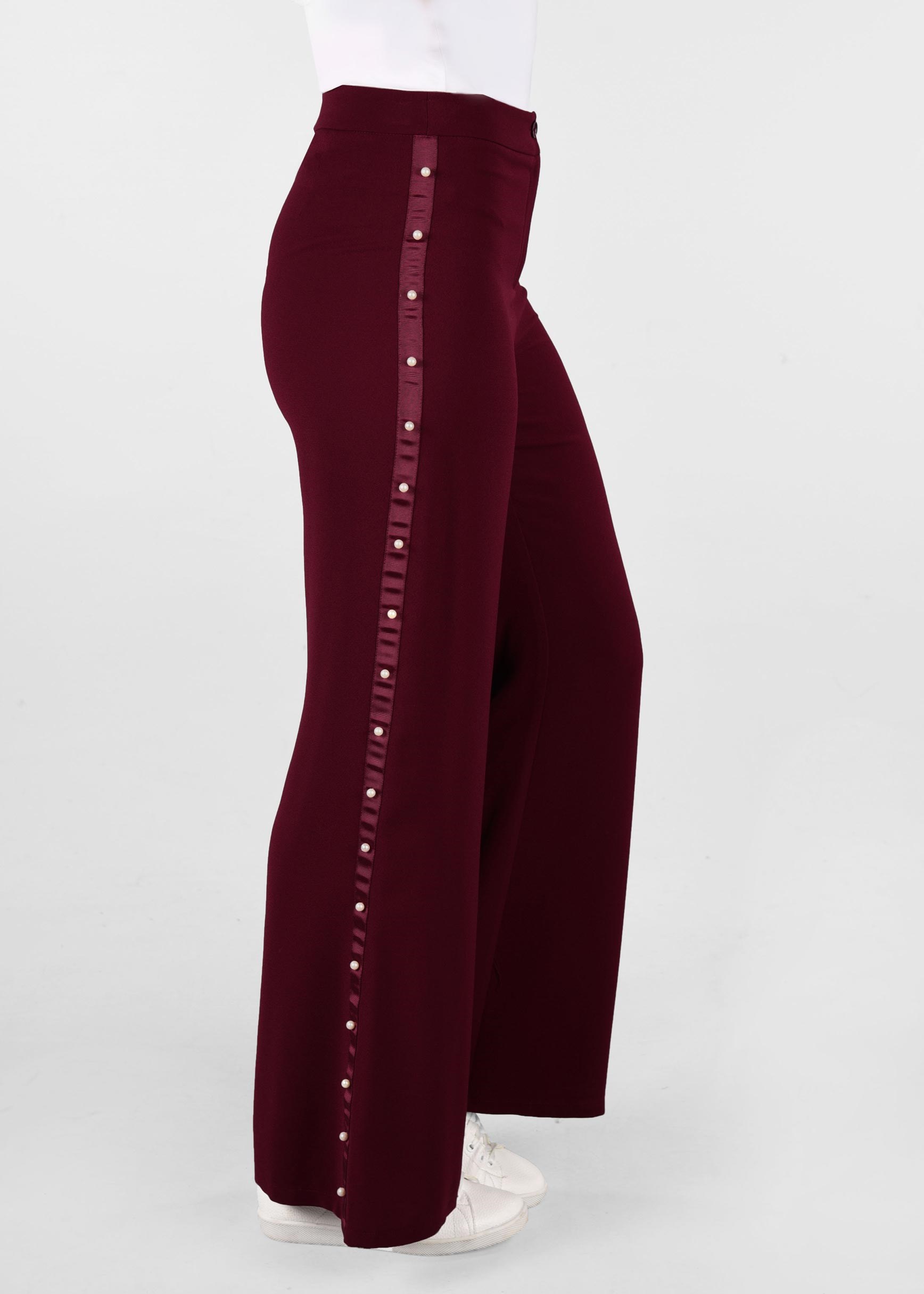 Tesettür giyim BORDO ŞERİTLİ İNCİ DETAYLI SALAŞ PANTOLON 7293
