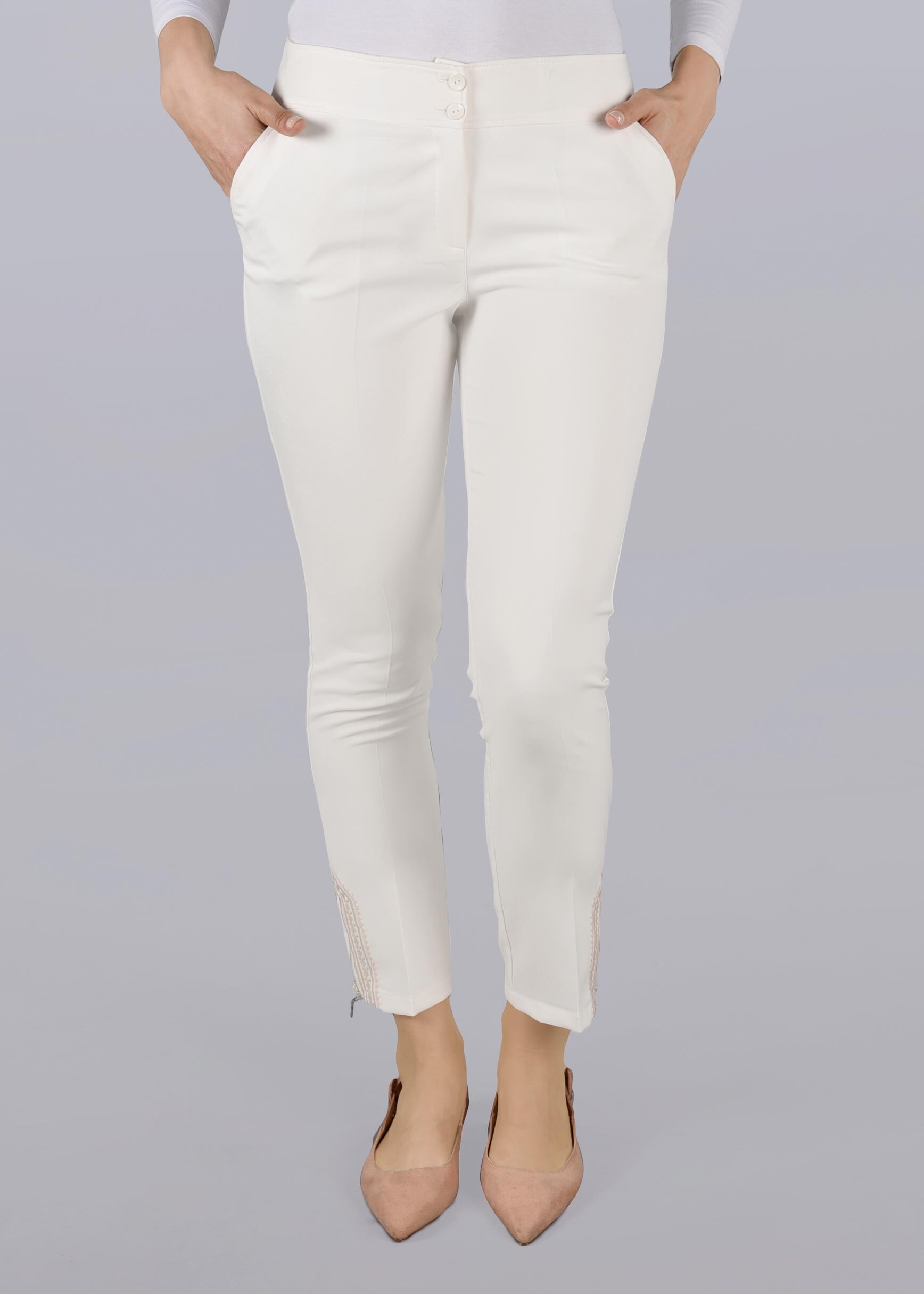 Tesettür giyim BEYAZ BİLEK KISMI FERMUAR DETAYLI PANTOLON 7304