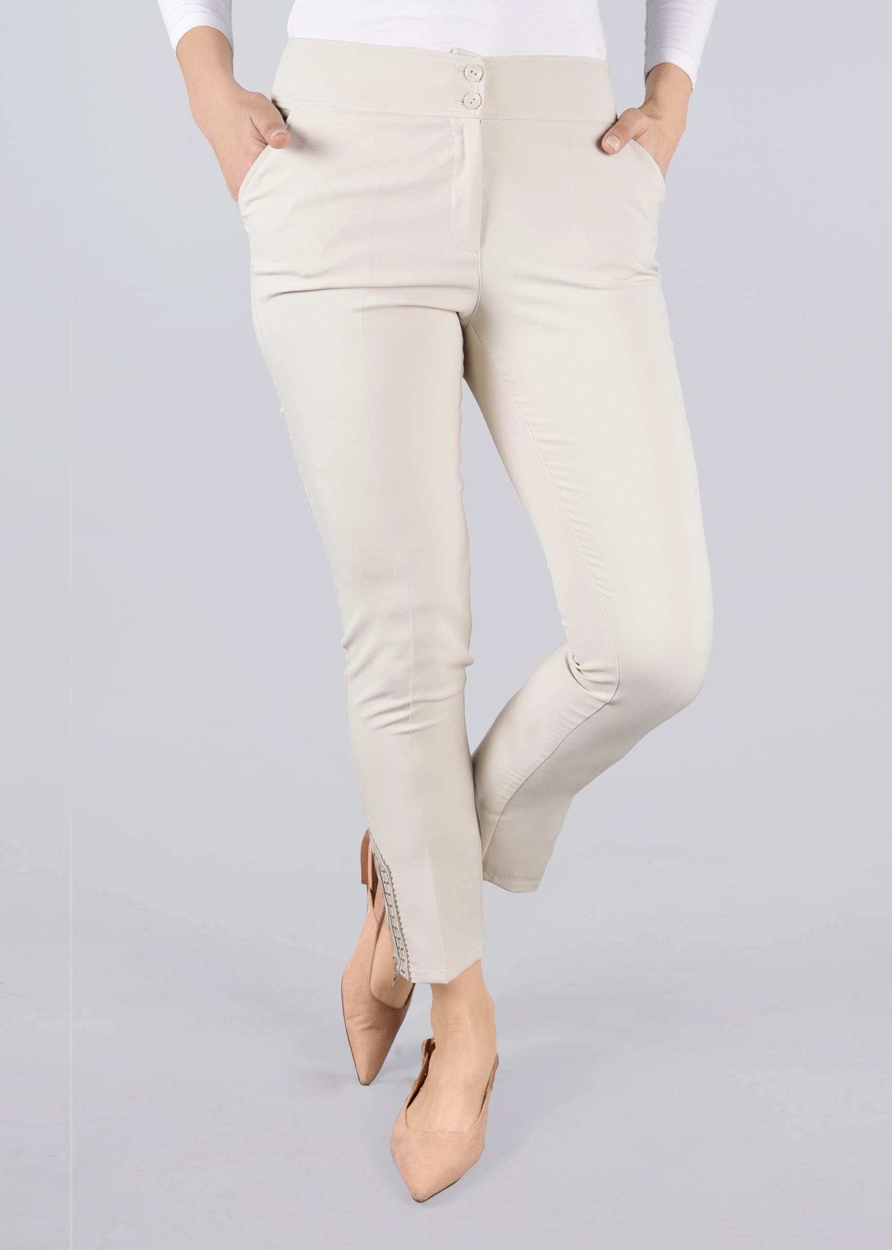 Tesettür giyim BEJ BİLEK KISMI FERMUAR DETAYLI PANTOLON 7304