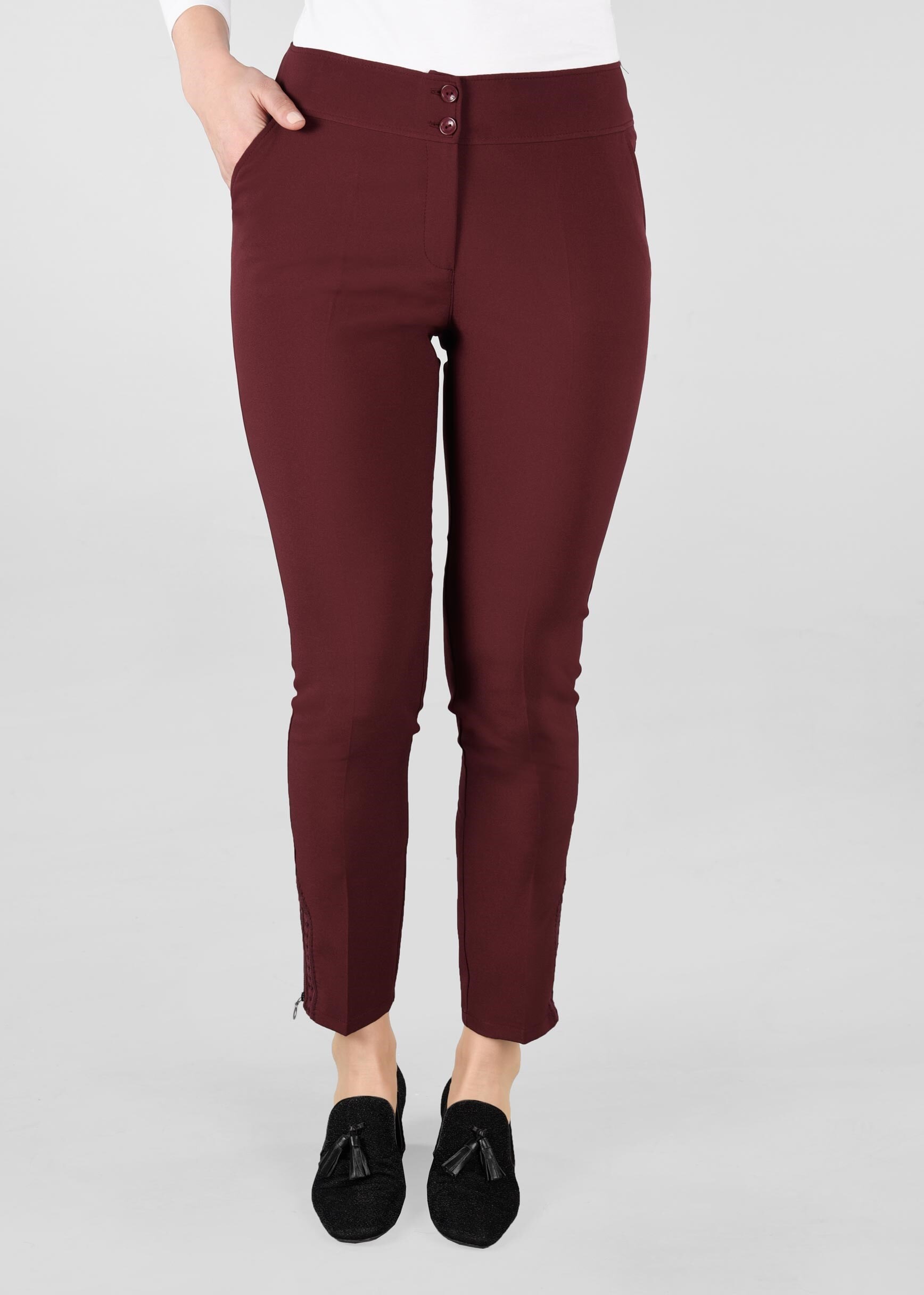 Tesettür giyim BORDO BİLEK KISMI FERMUAR DETAYLI PANTOLON 7304