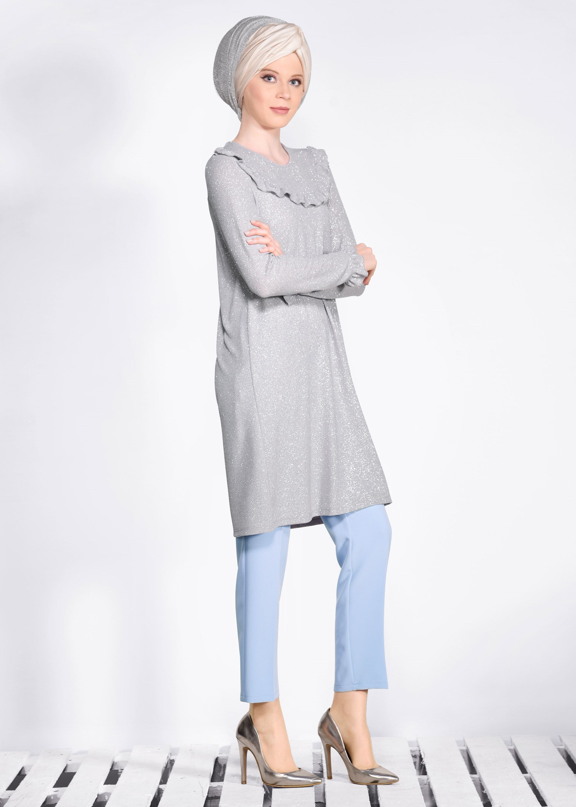 Tesettür giyim MAVİ BEL KISMI KUŞGÖZÜ DETAYLI PANTOLON 7307