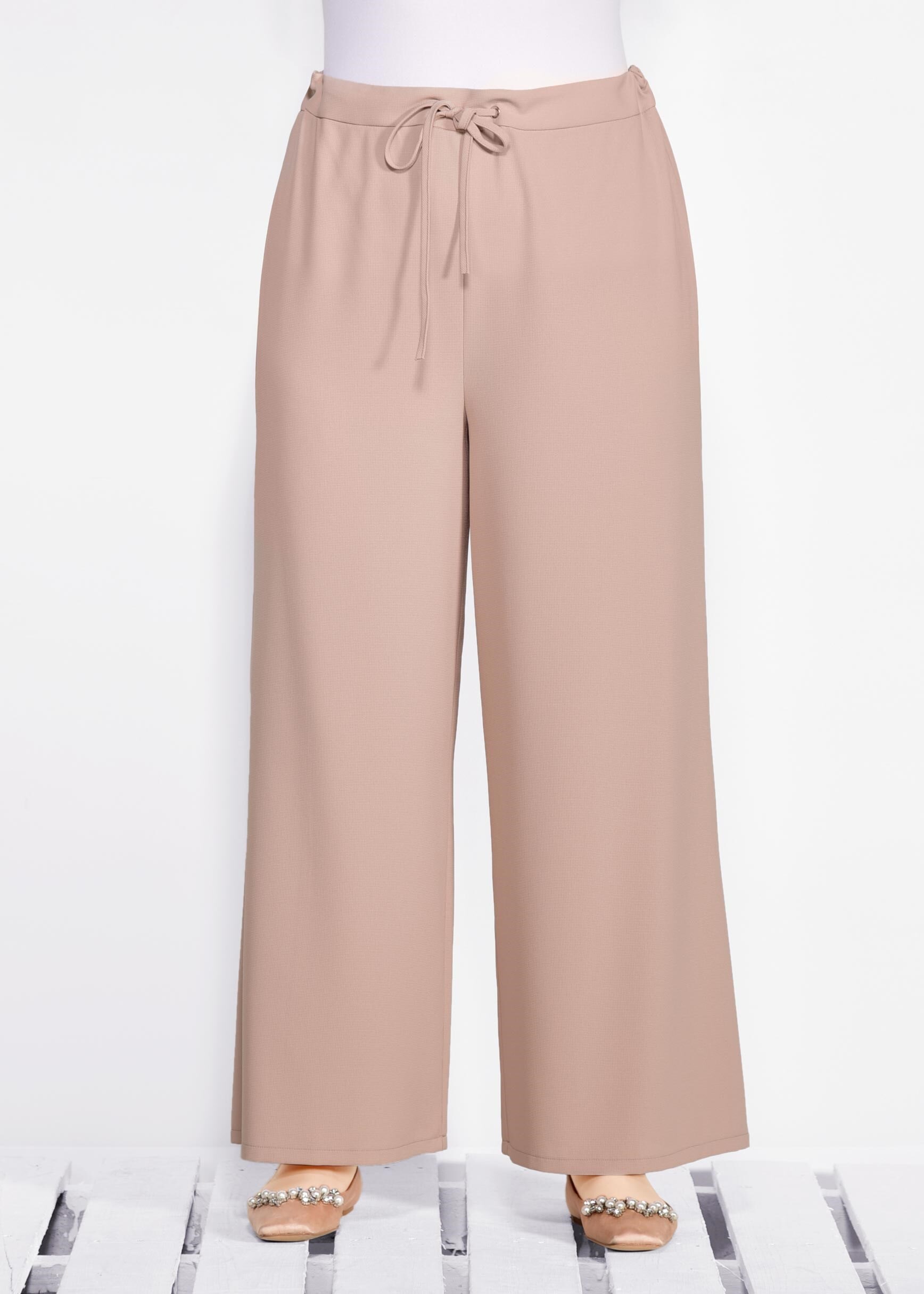 Tesettür giyim BEJ BELİ LASTİKLİ BAĞCIKLI BOL KESİM PANTOLON 7311
