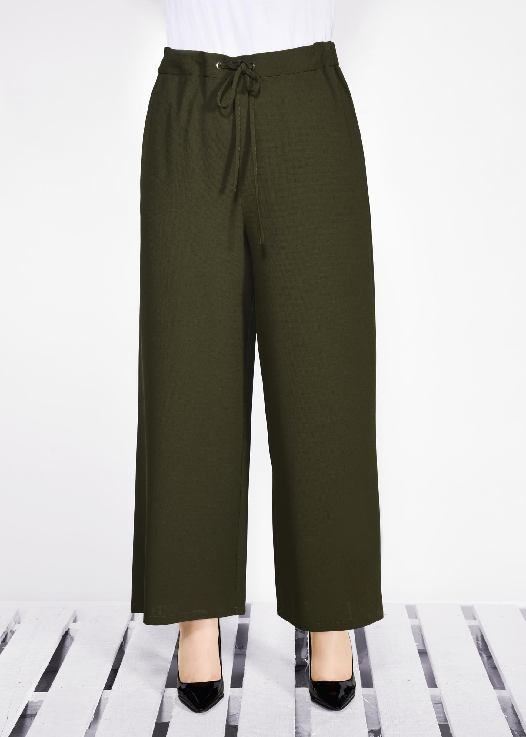 Tesettür giyim HAKİ BELİ LASTİKLİ BAĞCIKLI BOL KESİM PANTOLON 7311