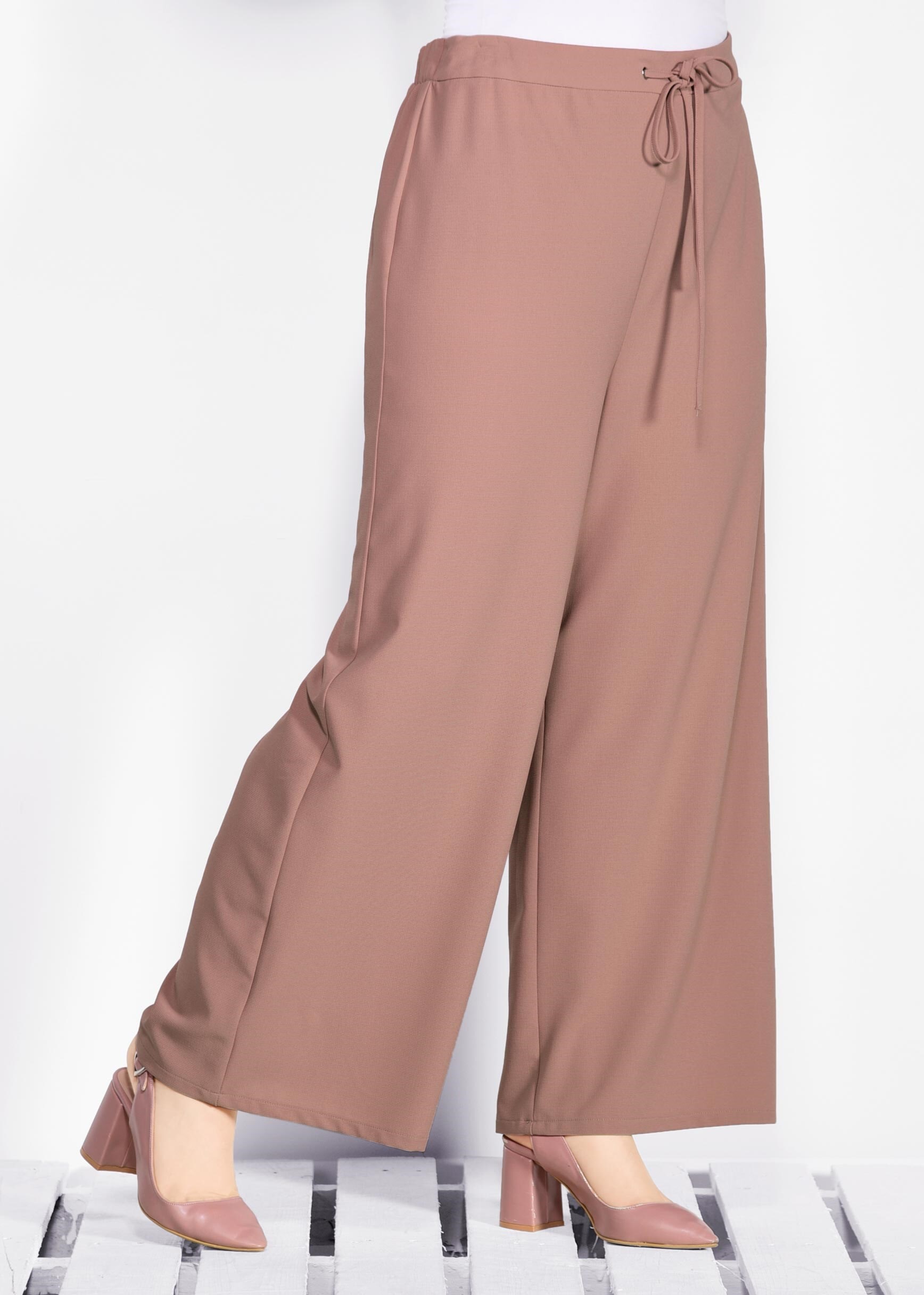 Tesettür giyim PUDRA BELİ LASTİKLİ BAĞCIKLI BOL KESİM PANTOLON 7311