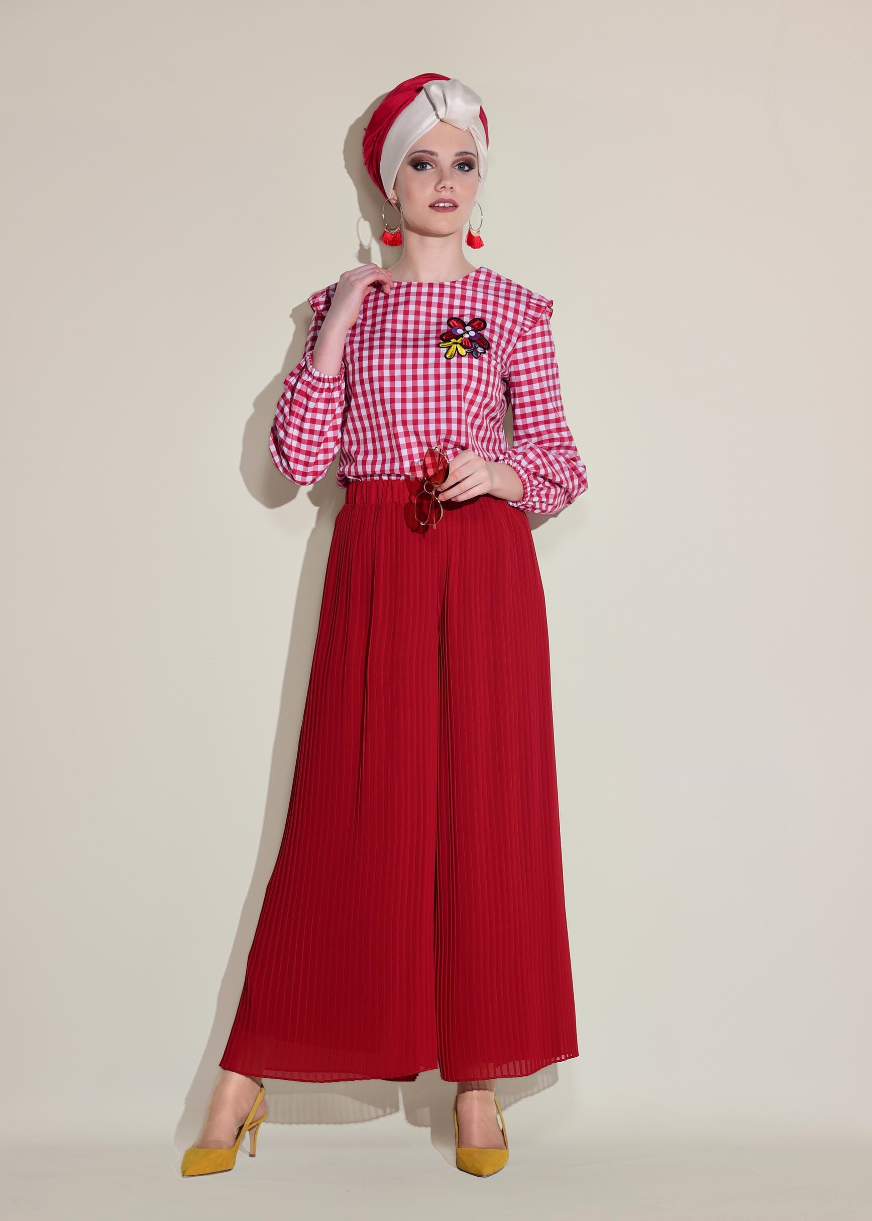 Tesettür giyim BORDO BELİ LASTİKLİ SALAŞ PANTOLON 7313