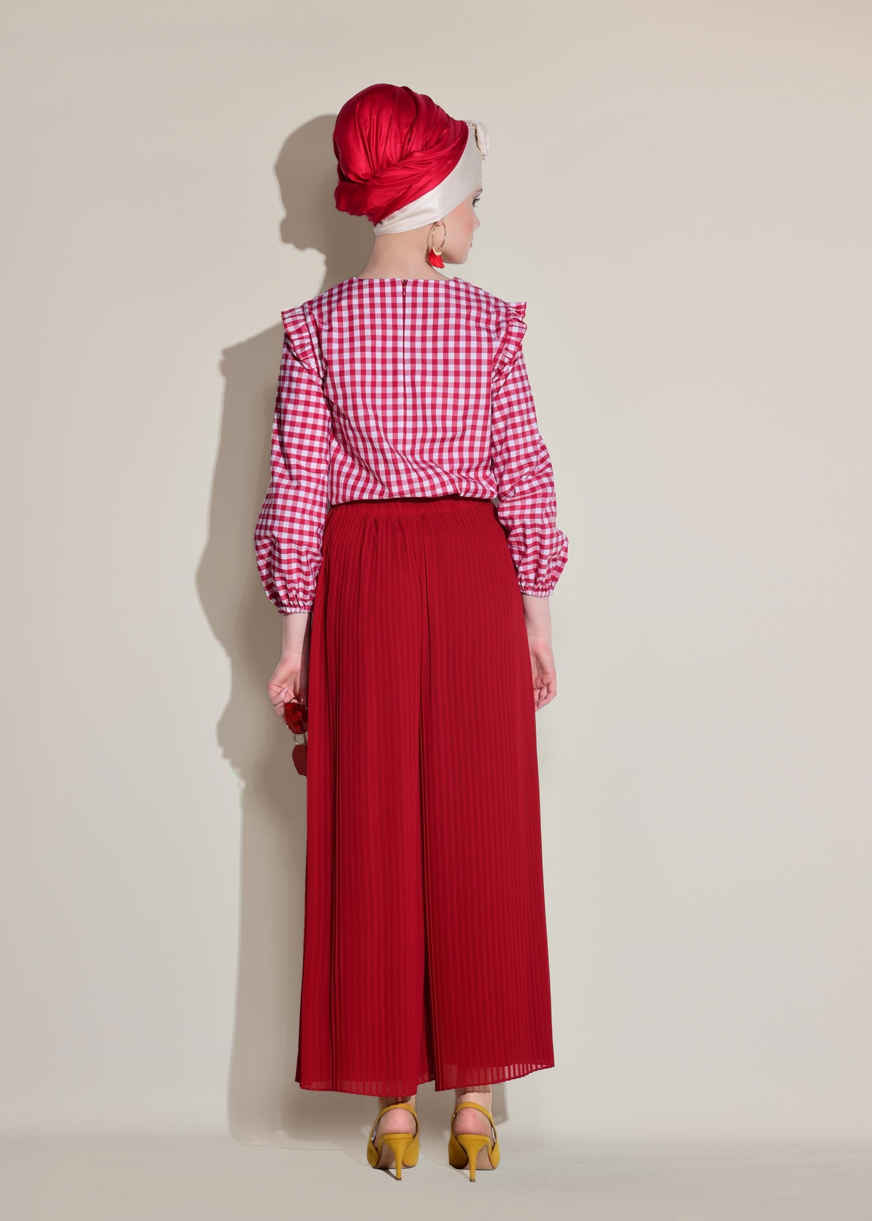 Tesettür giyim BORDO BELİ LASTİKLİ SALAŞ PANTOLON 7313