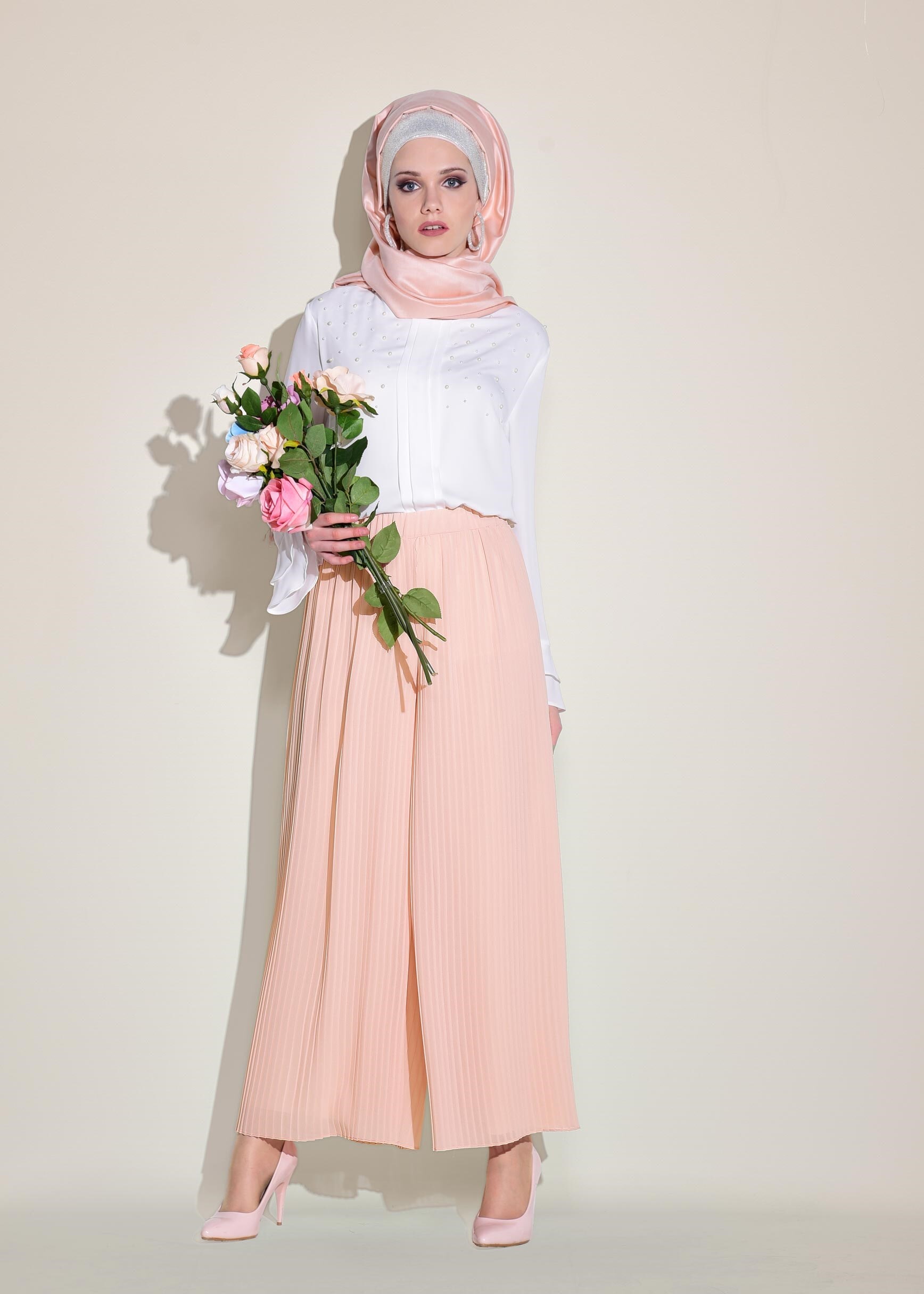 Tesettür giyim PUDRA BELİ LASTİKLİ SALAŞ PANTOLON 7313