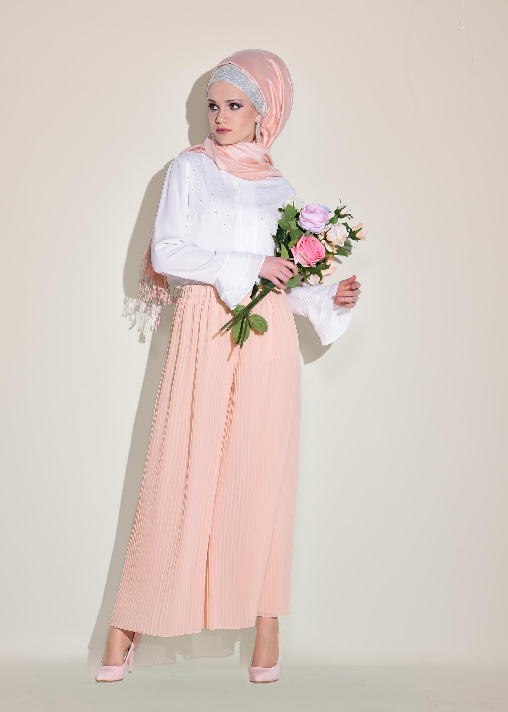 Tesettür giyim PUDRA BELİ LASTİKLİ SALAŞ PANTOLON 7313