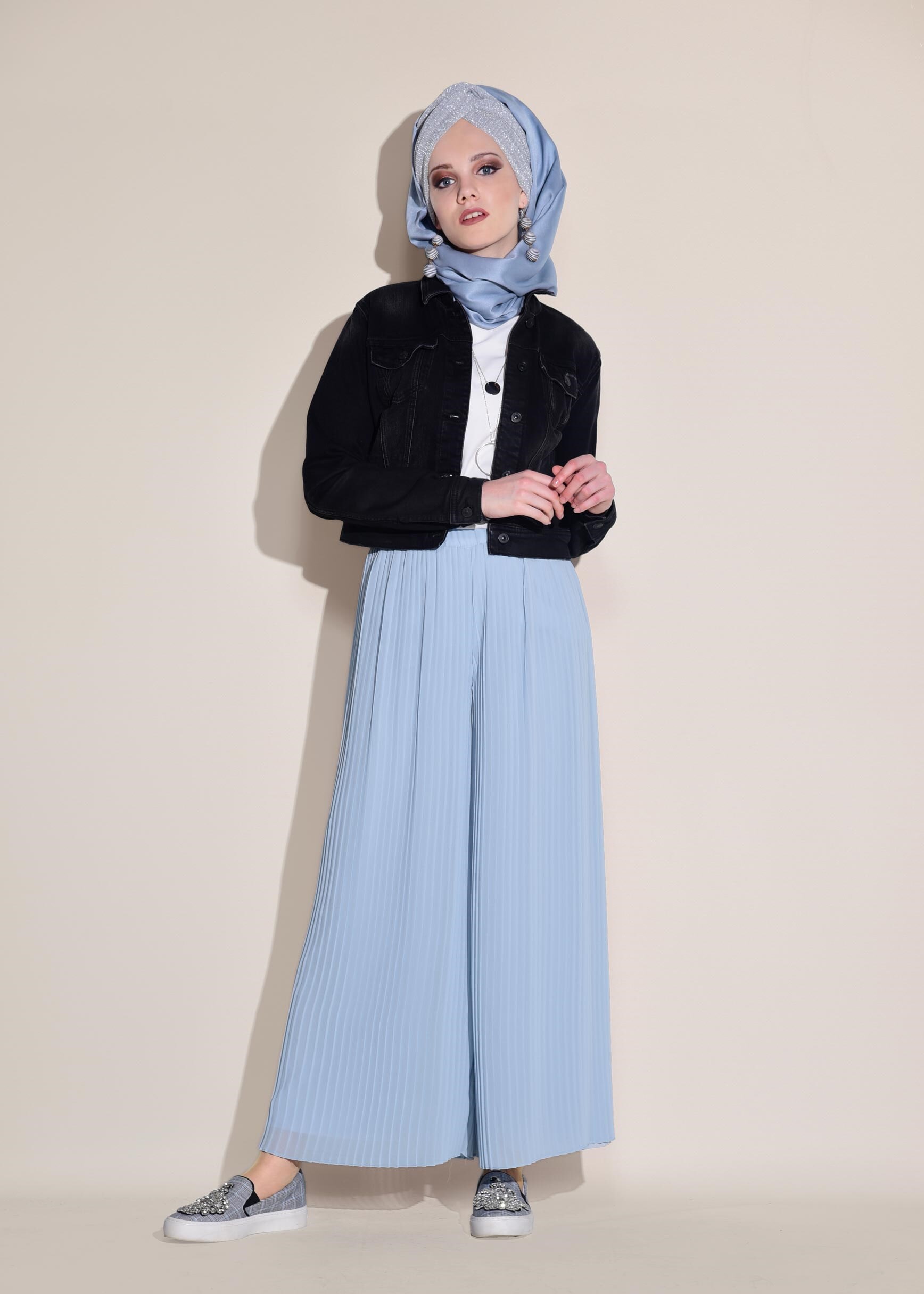 Tesettür giyim MAVİ BELİ LASTİKLİ SALAŞ PANTOLON 7313