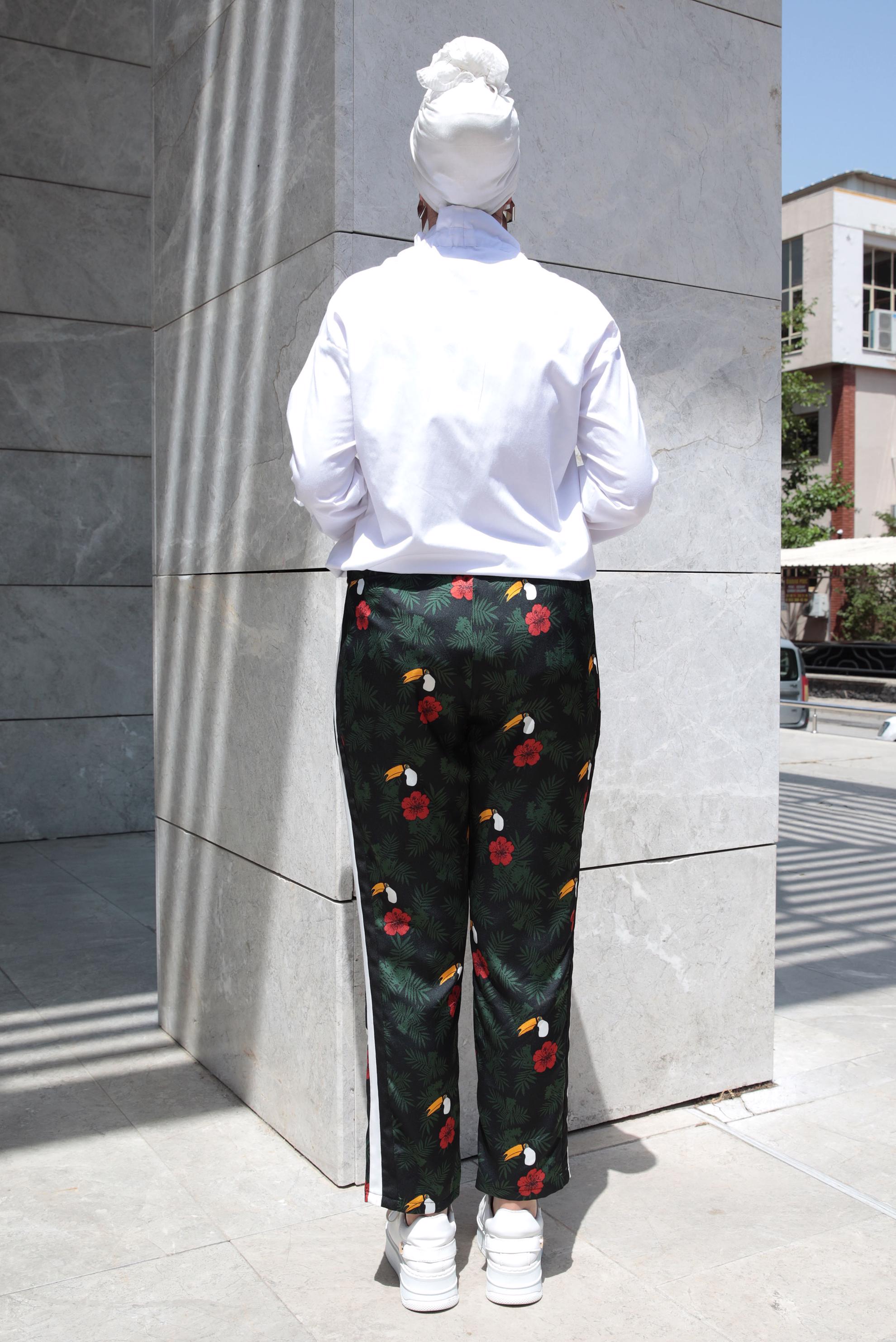 Tesettür giyim SİYAH ÇİÇEK DESENLİ ŞERİTLİ PANTOLON 7314