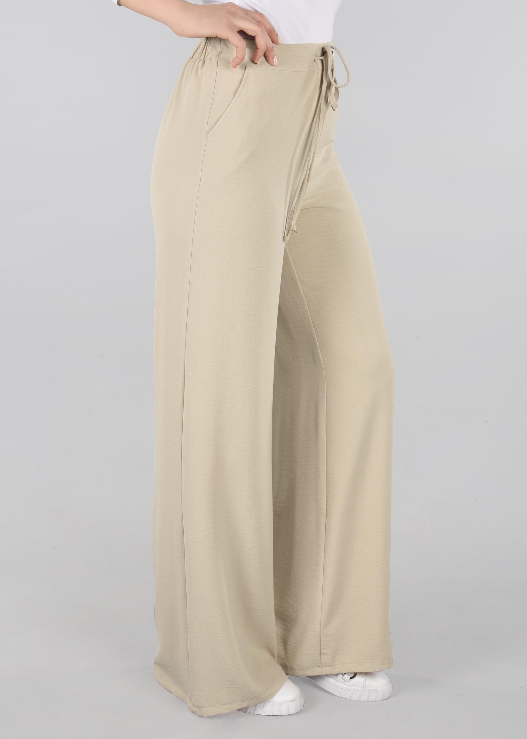 Tesettür giyim BEJ BELİ BAĞCIKLI SALAŞ PANTOLON 7316