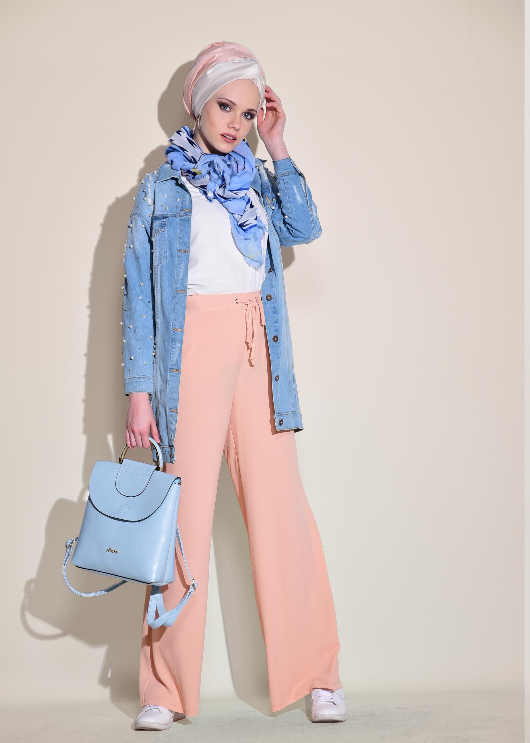 Tesettür giyim PUDRA BELİ BAĞCIKLI SALAŞ PANTOLON 7316