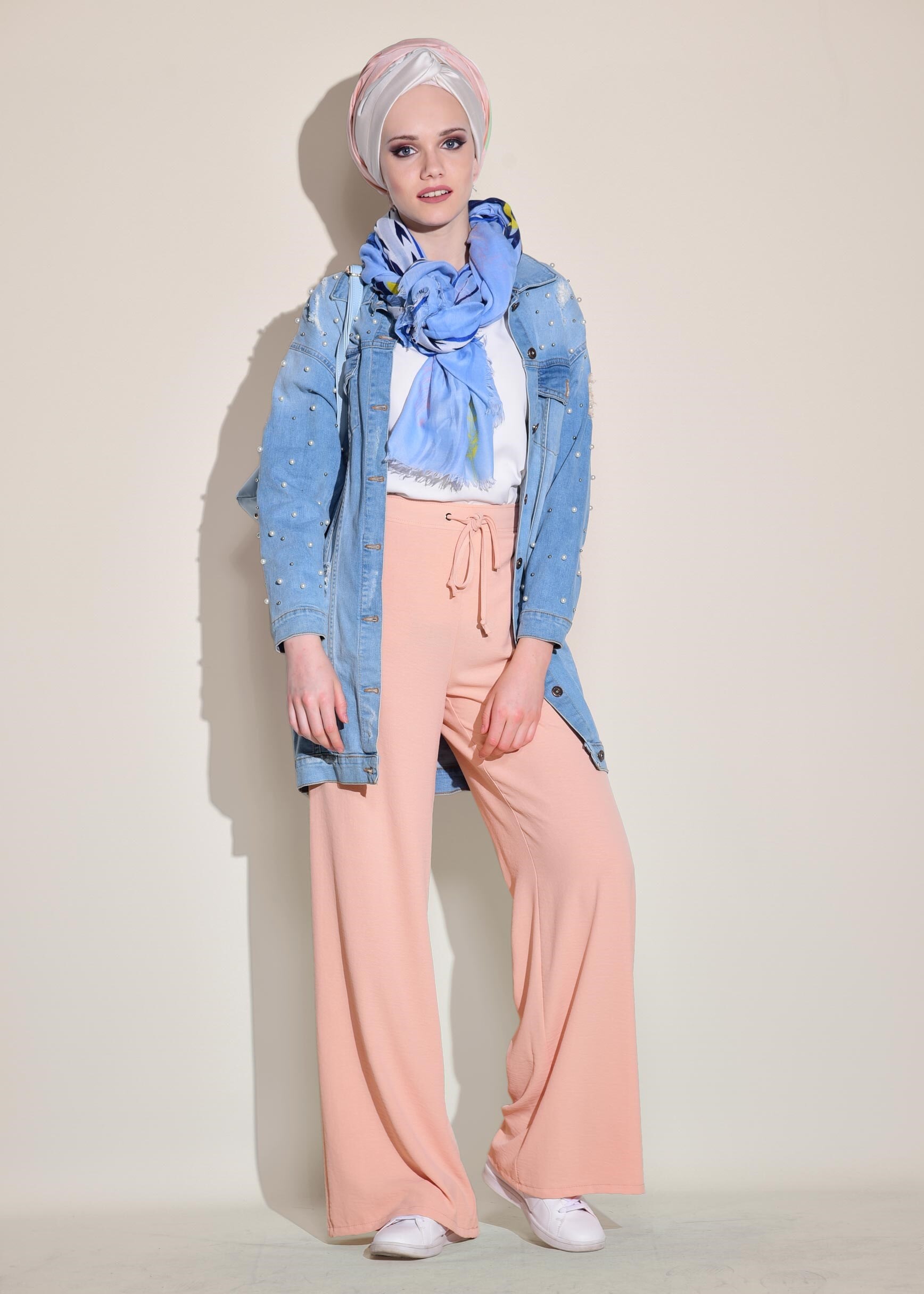 Tesettür giyim PUDRA BELİ BAĞCIKLI SALAŞ PANTOLON 7316