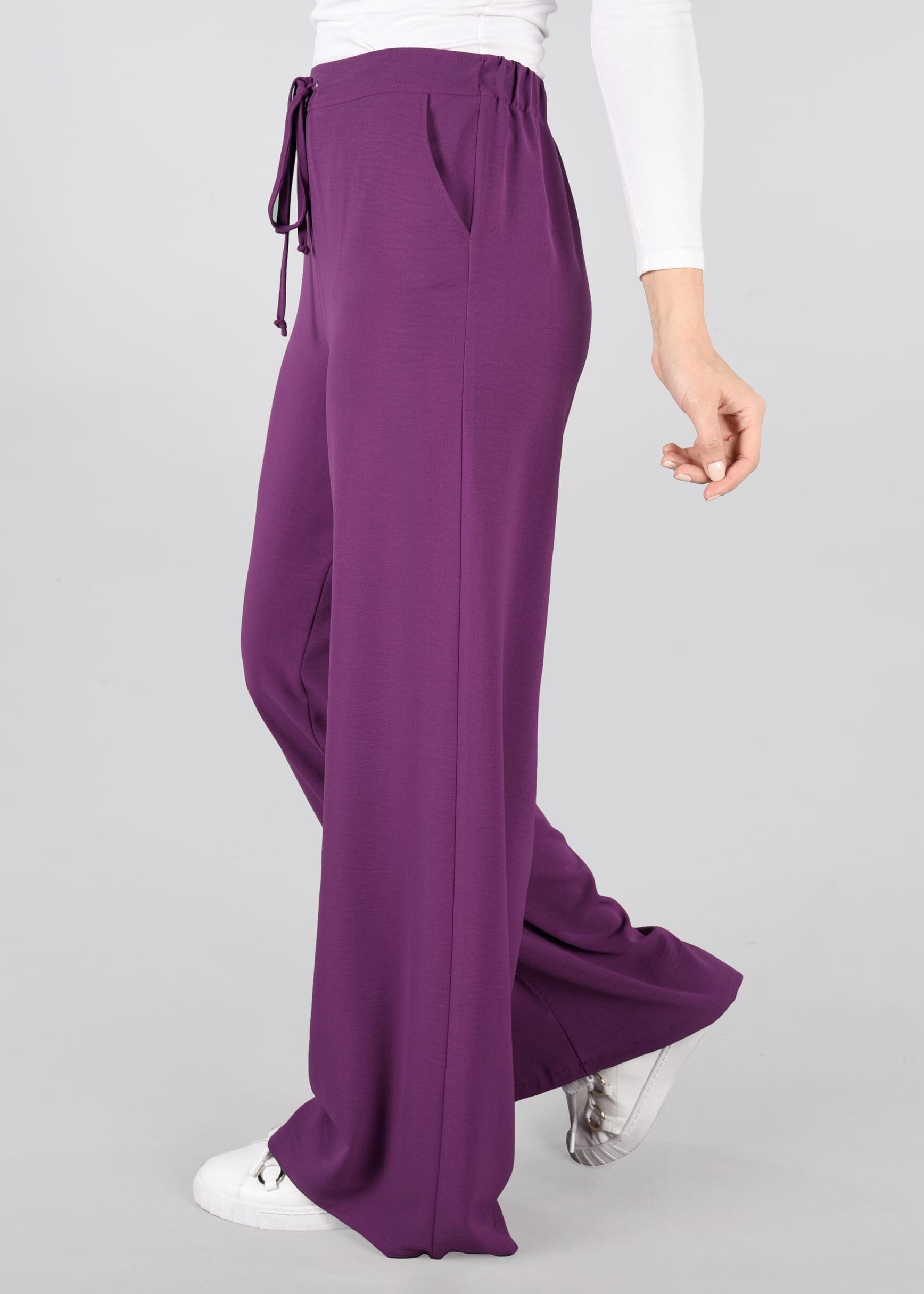 Tesettür giyim MOR BELİ BAĞCIKLI SALAŞ PANTOLON 7316