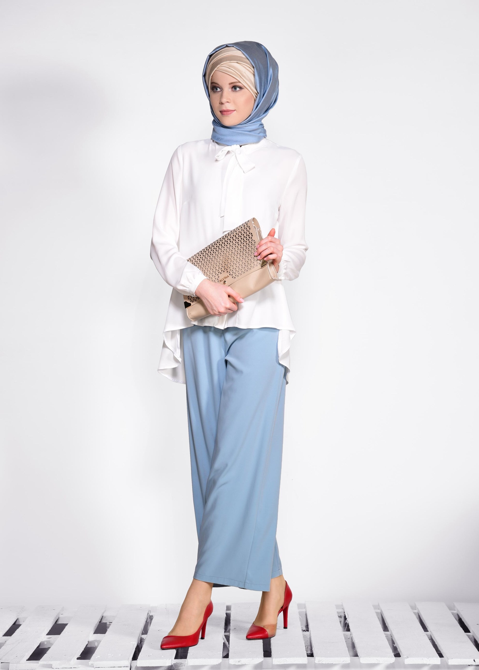 Tesettür giyim MAVİ BOL PAÇA PANTOLON 7317