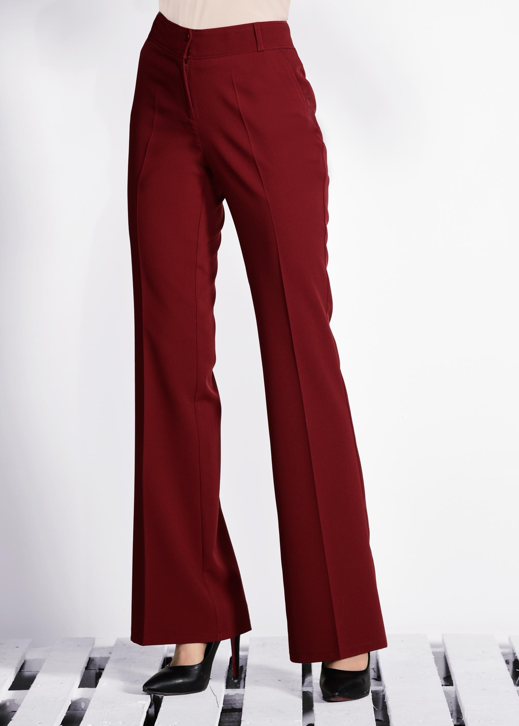 Tesettür giyim BORDO BOL PAÇA KUMAŞ PANTOLON 7319