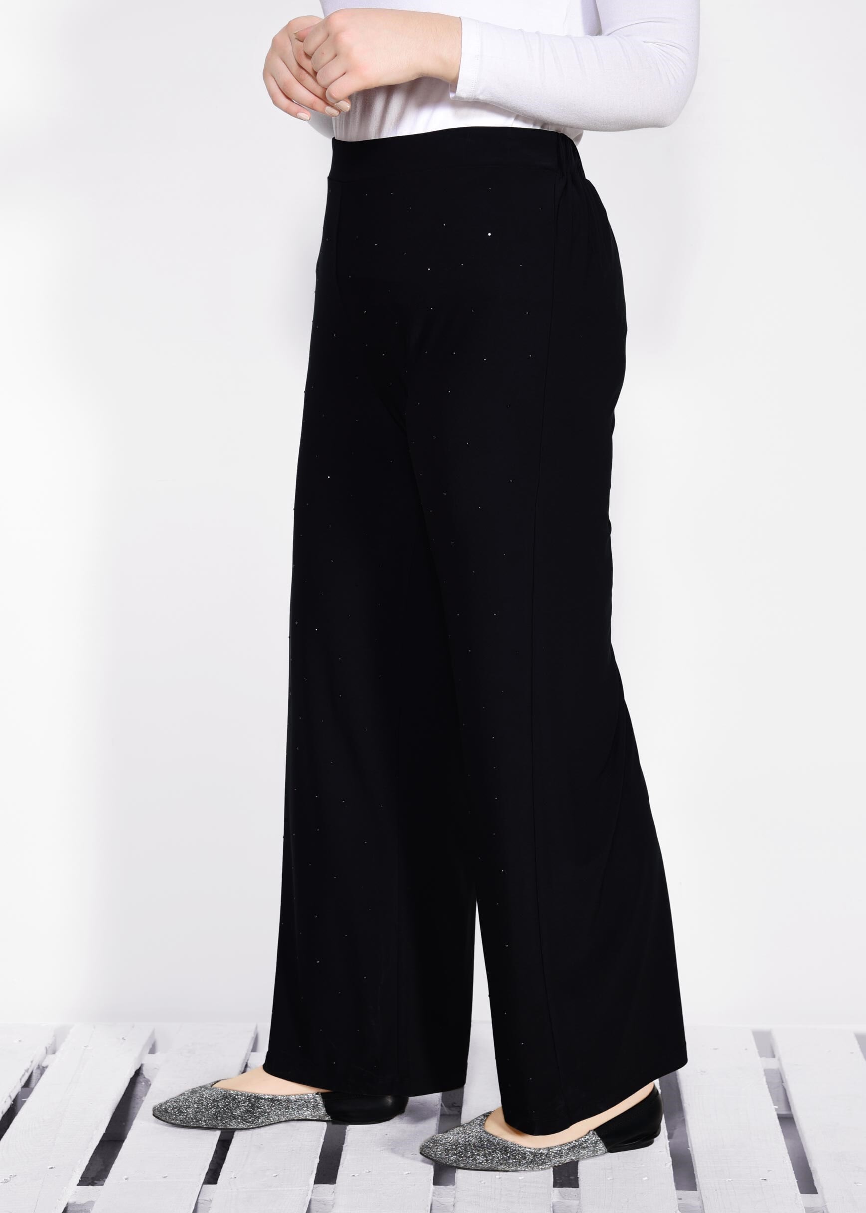 Tesettür giyim SİYAH IŞILTILI BEL KISMI LASTİKLİ PANTOLON 7323