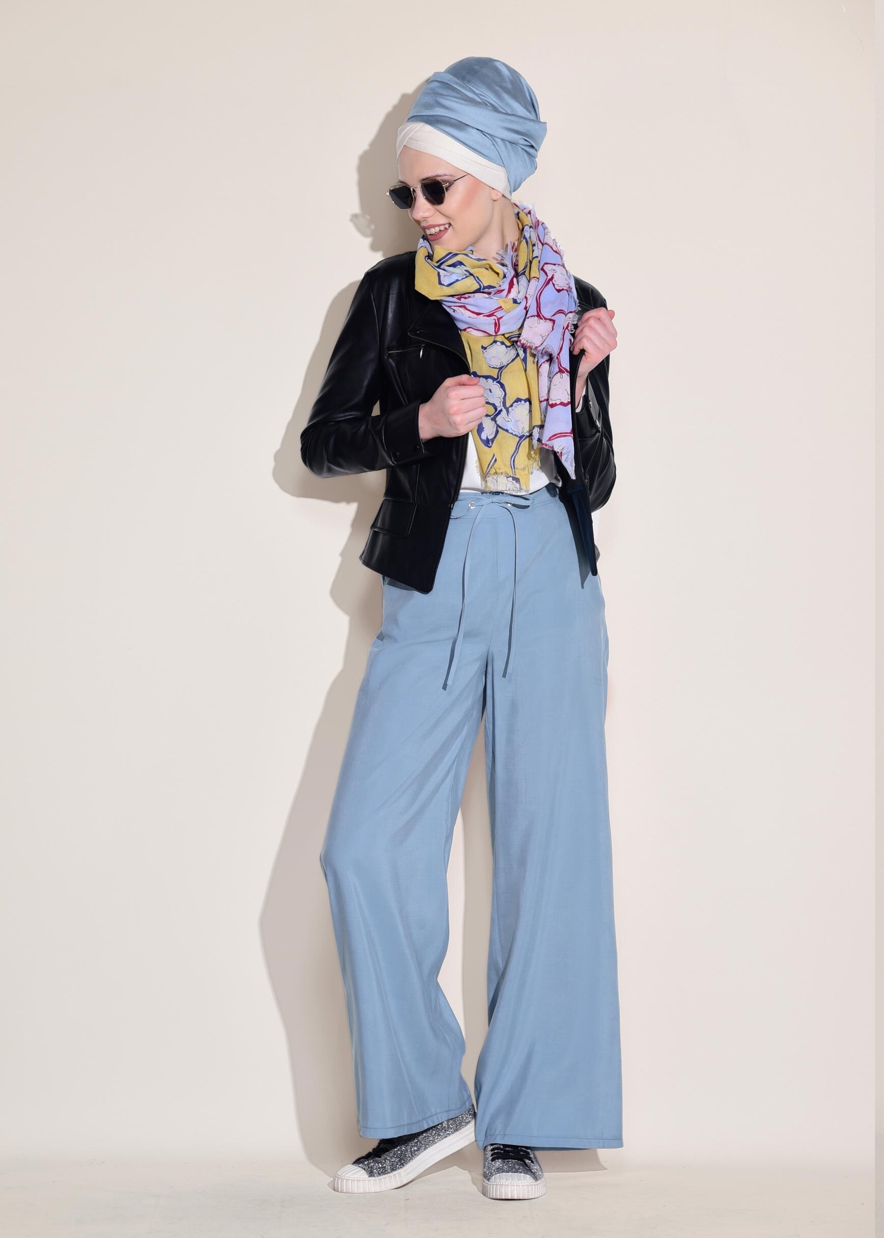 Tesettür giyim MAVİ YÜKSEL BEL BAĞCIKLI PANTOLON 7327