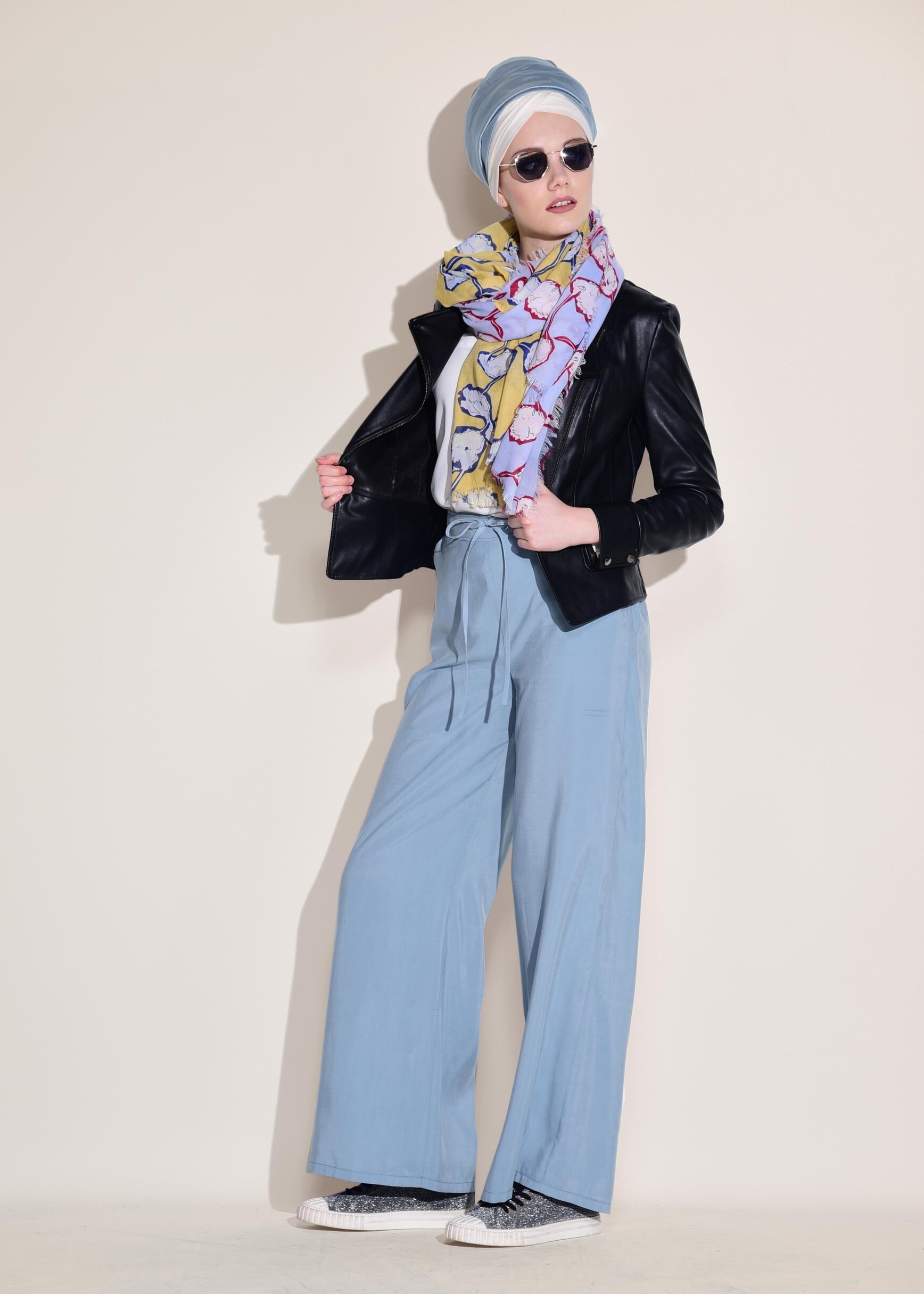 Tesettür giyim MAVİ YÜKSEL BEL BAĞCIKLI PANTOLON 7327