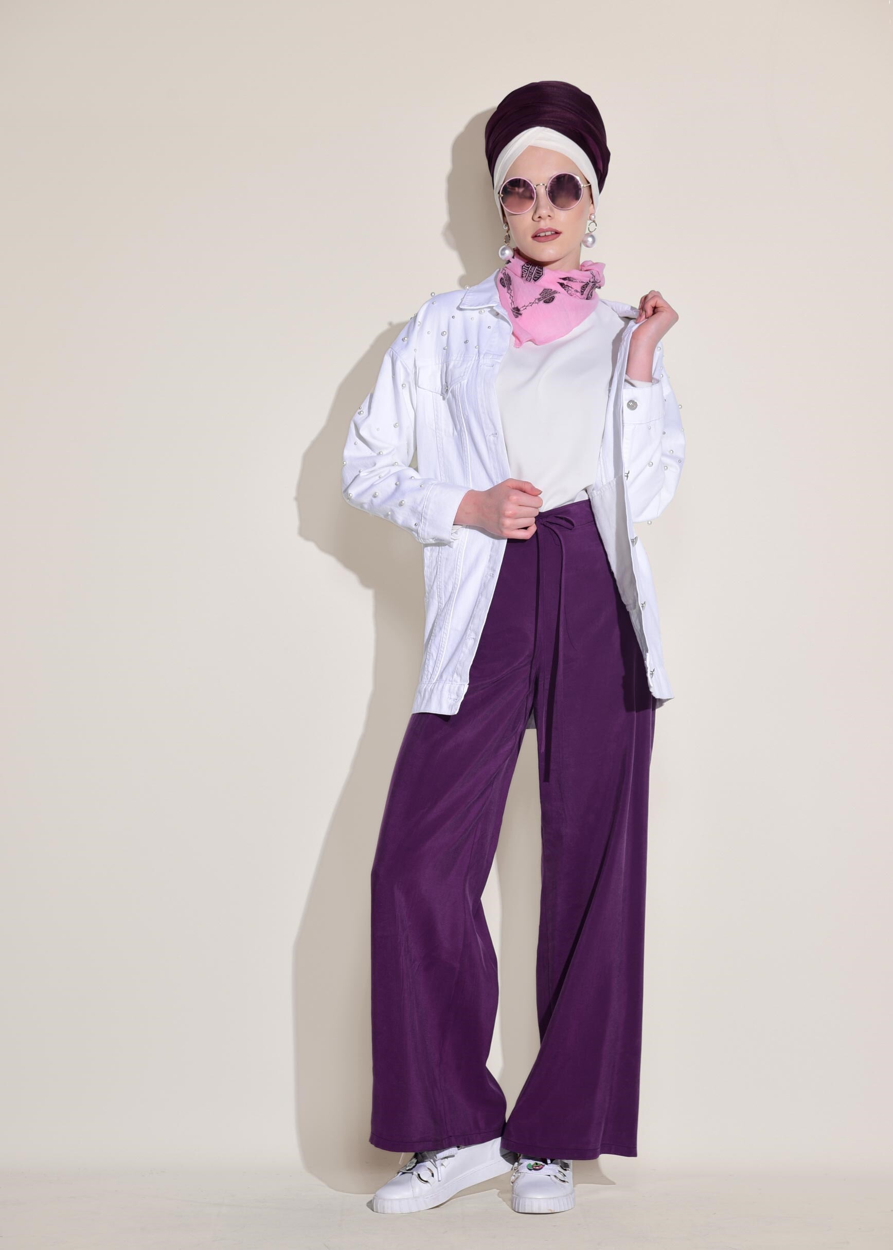 Tesettür giyim MOR YÜKSEL BEL BAĞCIKLI PANTOLON 7327