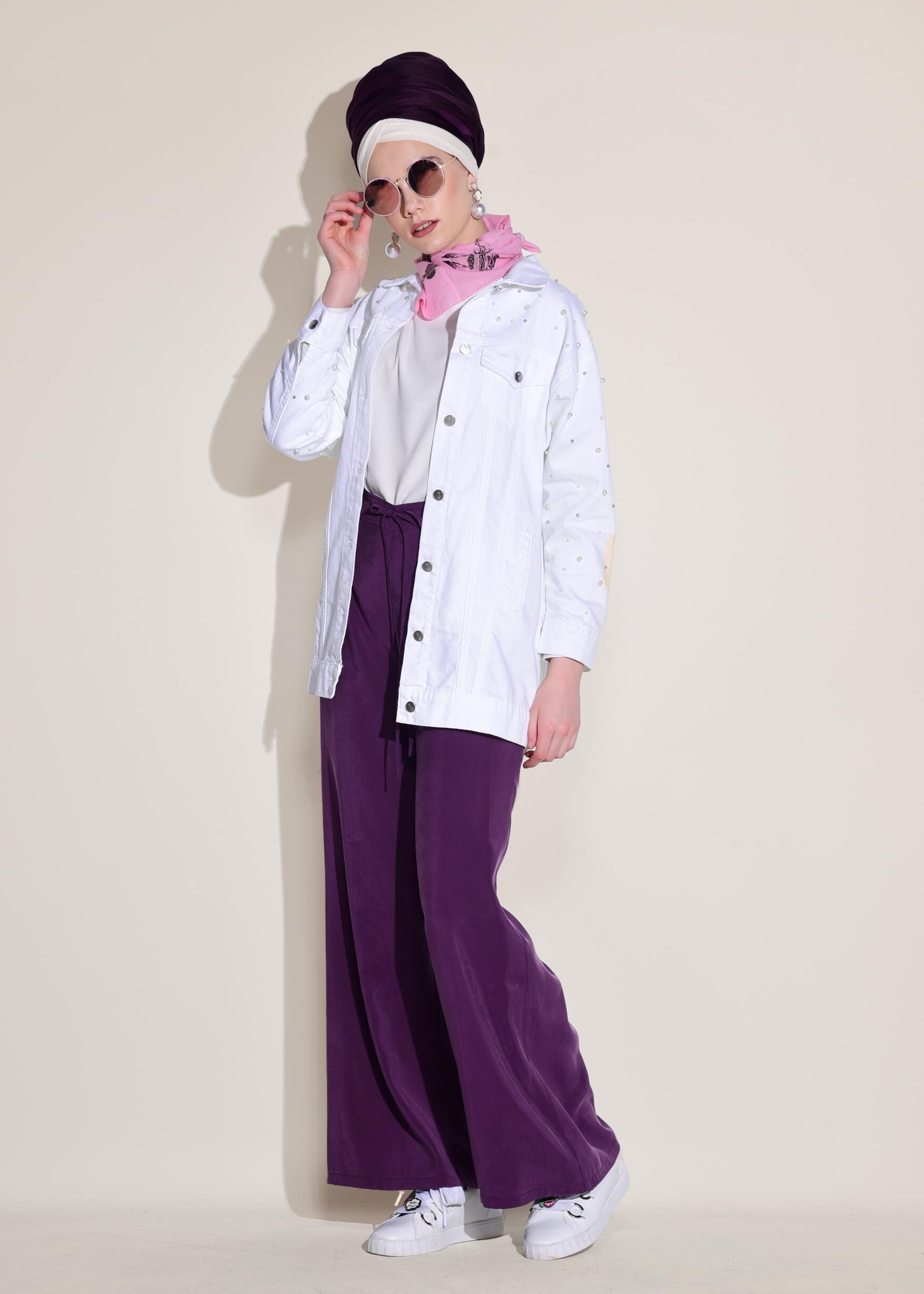 Tesettür giyim MOR YÜKSEL BEL BAĞCIKLI PANTOLON 7327