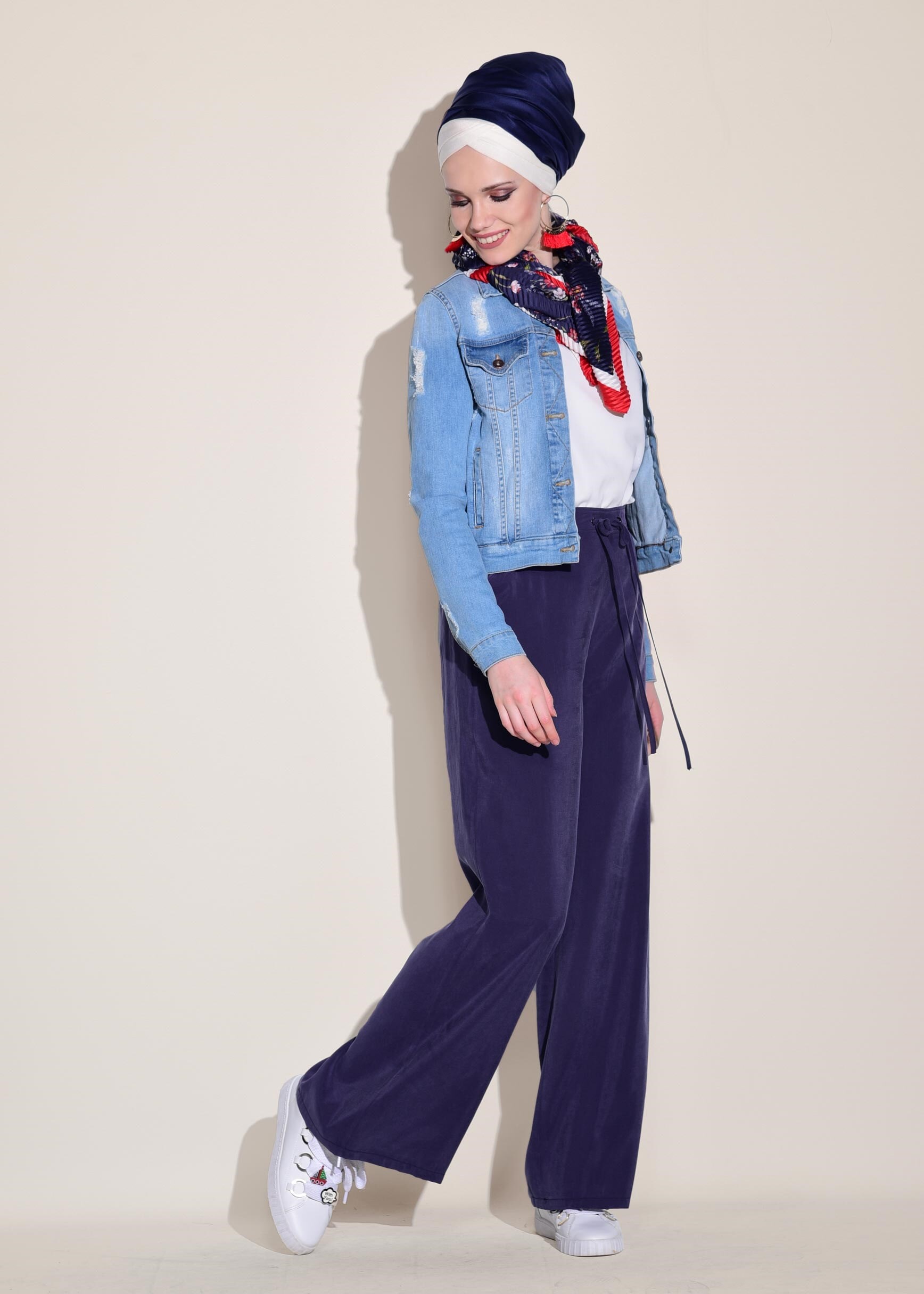 Tesettür giyim LACİVERT YÜKSEL BEL BAĞCIKLI PANTOLON 7327